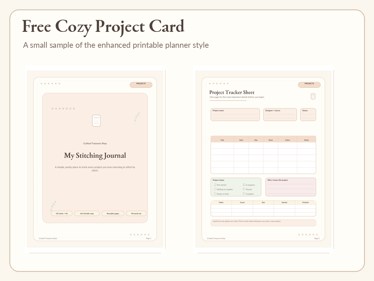 Preview of the enhanced free printable cross stitch project card