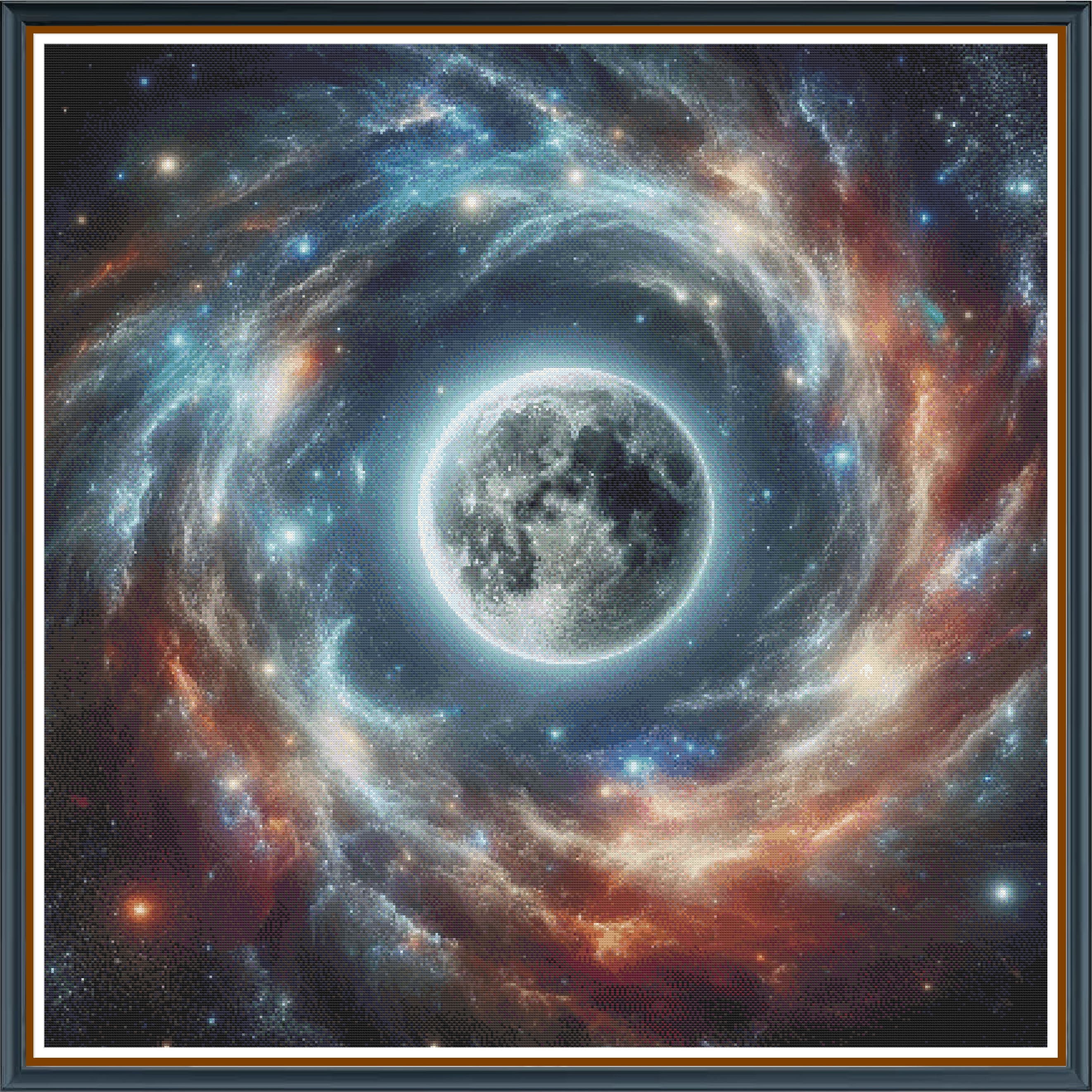 Cosmic World digital cross stitch pattern. Embark on an interstellar journey with "Cosmic World" — a celestial digital cross-stitch pattern depicting a moon-like planet set against a swirling, star-studded galaxy. Perfect for lovers of space-inspired art.