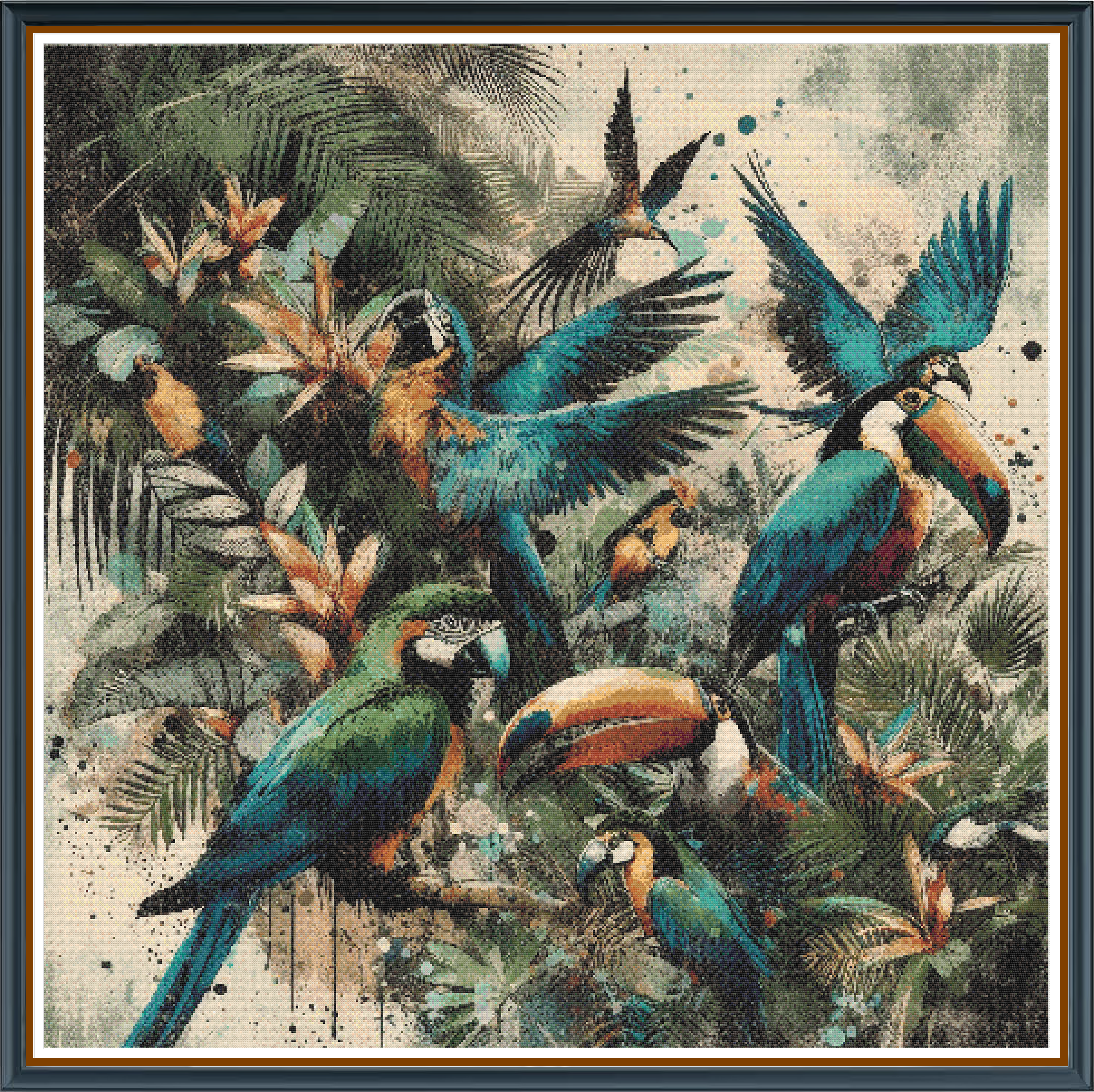 Jungle Flock digital cross stitch pattern. Capture the wild essence of the tropics with "Jungle Flock" — a grungy, painterly digital cross-stitch pattern that showcases a vibrant flock of birds of paradise amid lush jungle foliage.