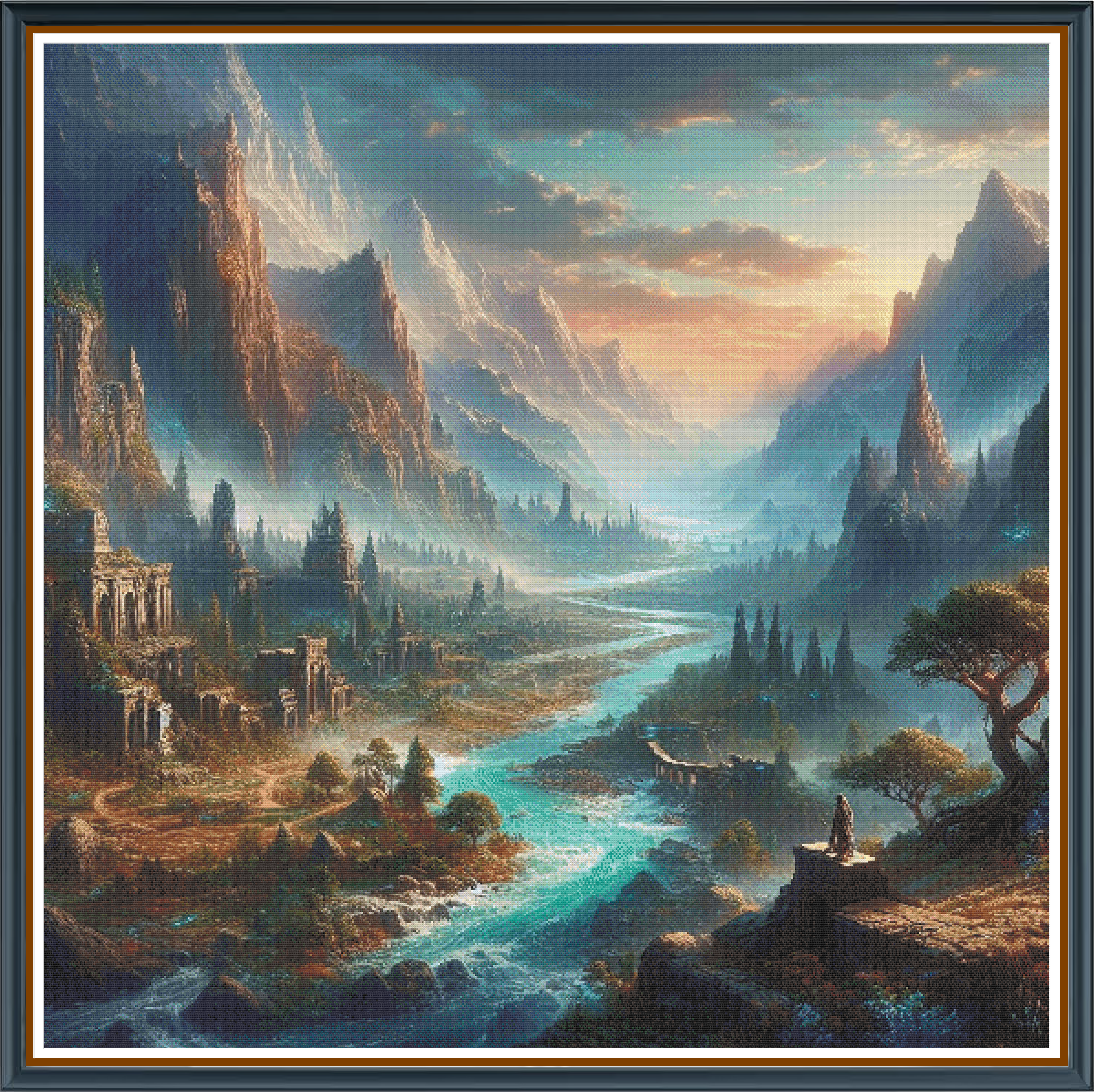 Mountain Escape digital cross stitch pattern. Escape to a realm of wonder with "Mountain Escape" — a breathtaking digital cross-stitch pattern featuring a majestic mountain landscape interwoven with lush jungles and mysterious ancient ruins, all bathed in a dreamy pink sunset.