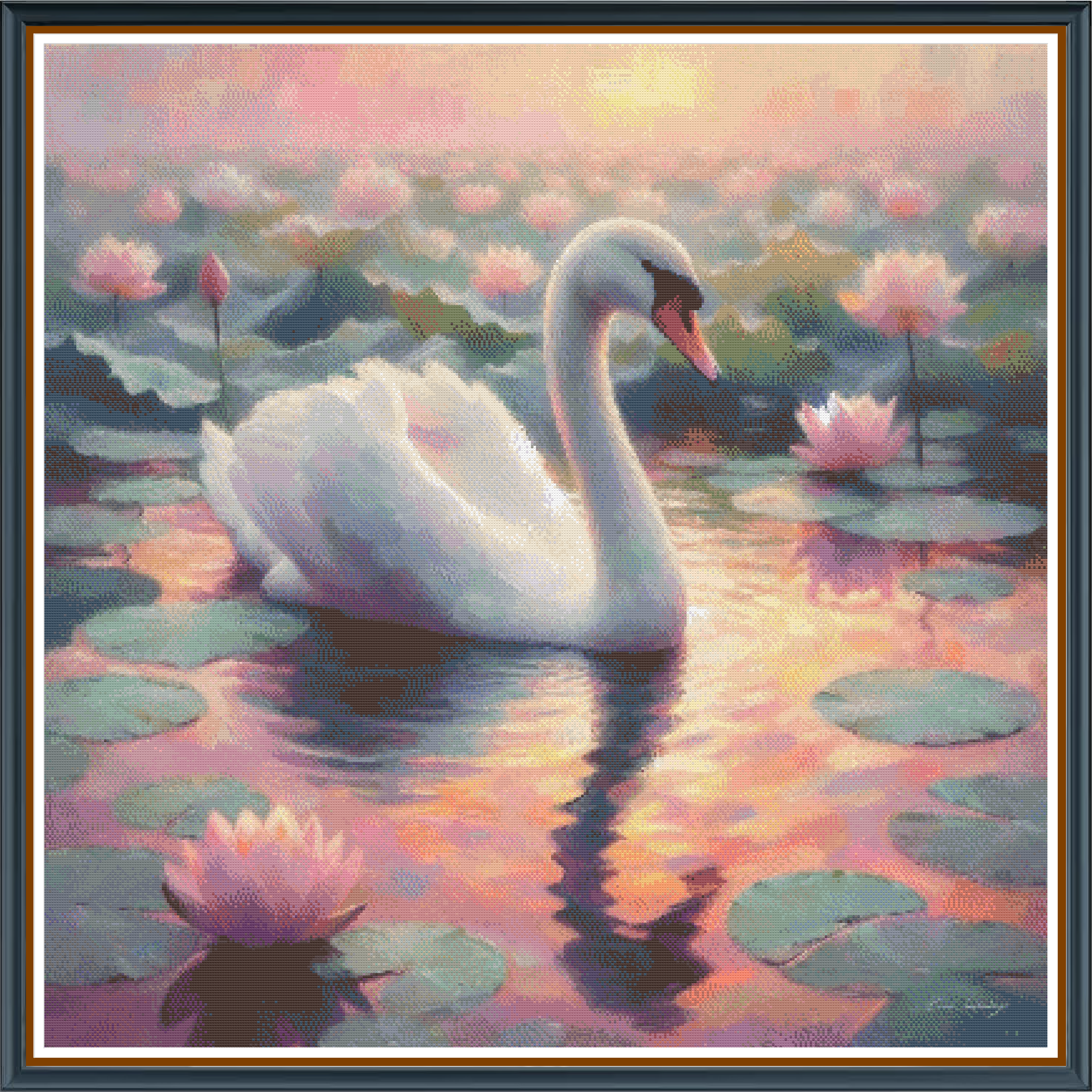 Serene Beauty digital cross stitch pattern. Experience tranquility with "Serene Beauty" — a graceful digital cross-stitch pattern showcasing a swan gliding across a reflective pond, framed by soft pink blooms and verdant greenery.
