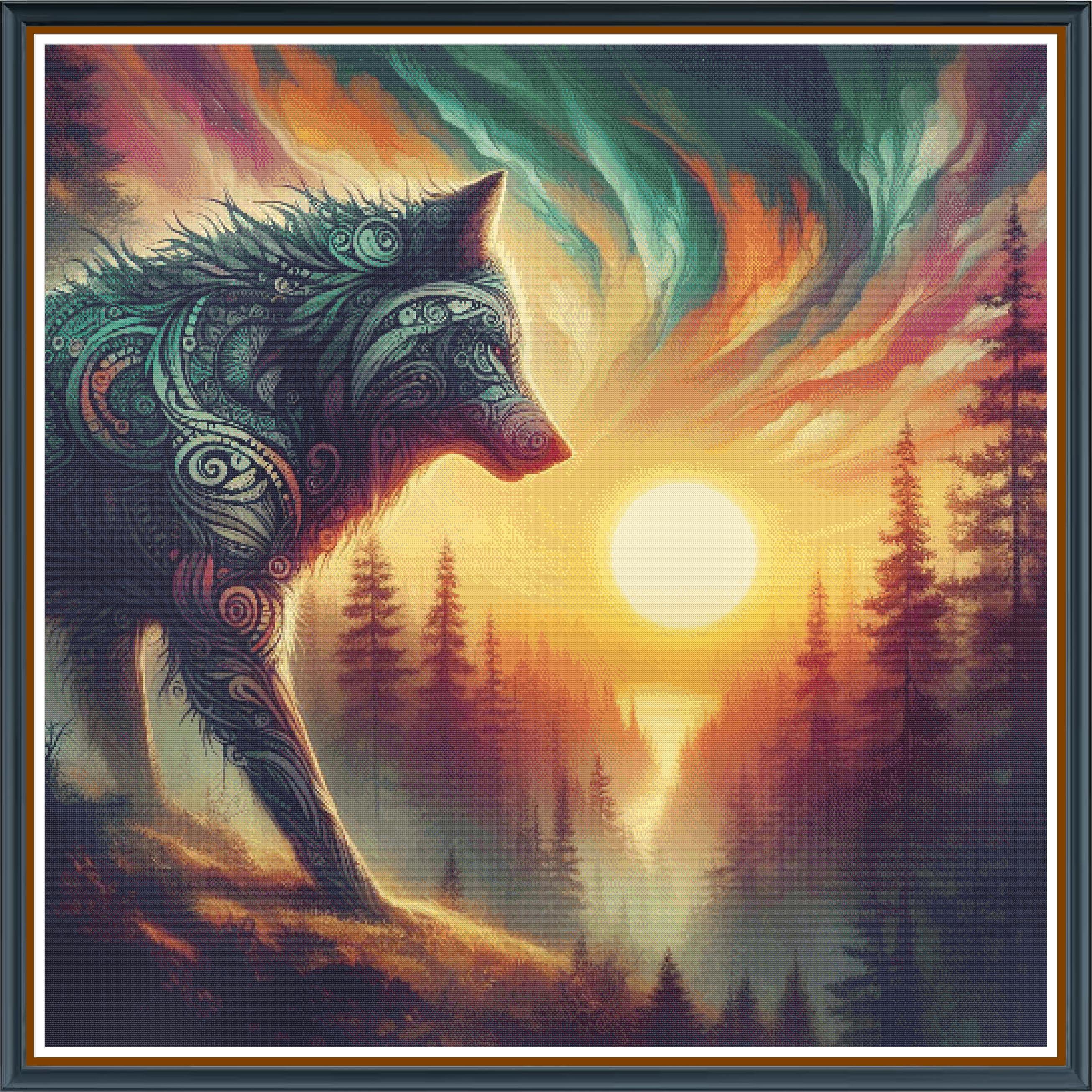 Watch Dog digital cross stitch pattern. Meet "Watch Dog" — a powerful digital cross-stitch pattern featuring a wolf-dog with a uniquely patterned coat, standing vigilant as the guardian of the forest.