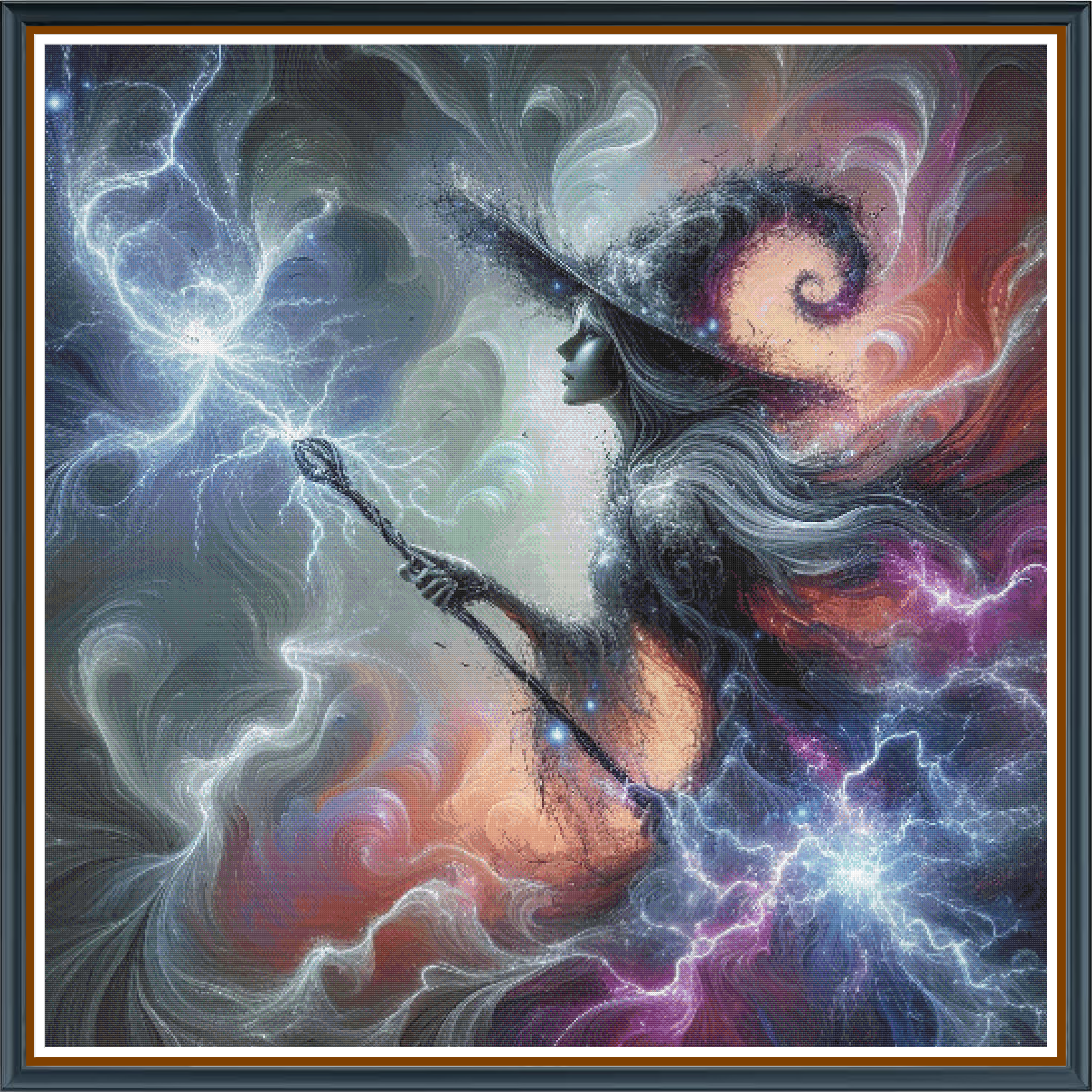 Lightning Queen digital cross stitch pattern. Experience the electrifying allure of "Lightning Queen"—a digital cross-stitch pattern that masterfully captures a sorceress empowered by lightning magic. Perfect for fans of enchanting figures and bold, dynamic designs.