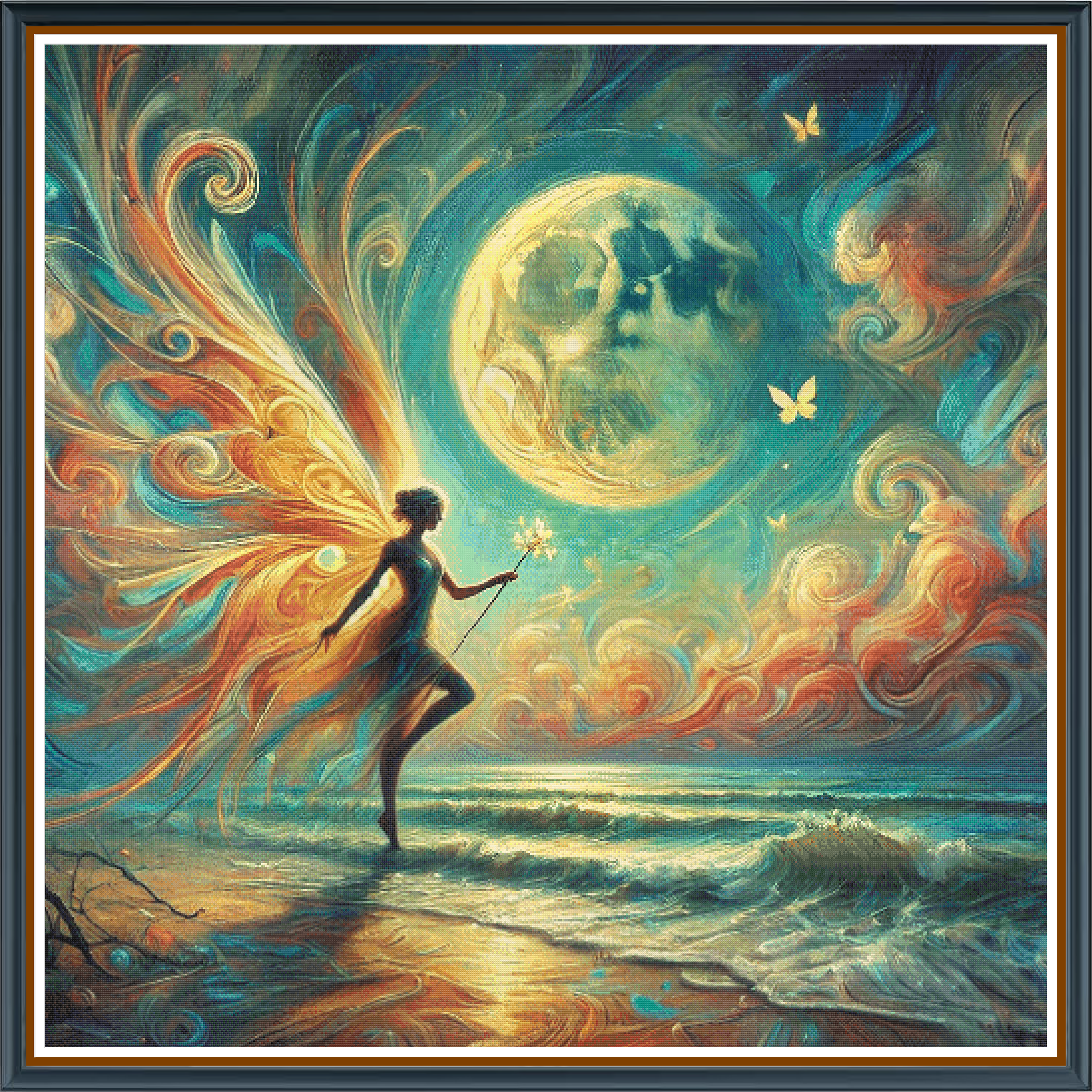 Winged Beauty digital cross stitch pattern. Discover the vibrant allure of "Winged Beauty"—a mesmerizing digital cross-stitch pattern featuring a graceful, fairy-like figure dancing amidst swirling cascades of vivid colors and a dreamy planetary backdrop. An enchanting design that captivates the eye.
