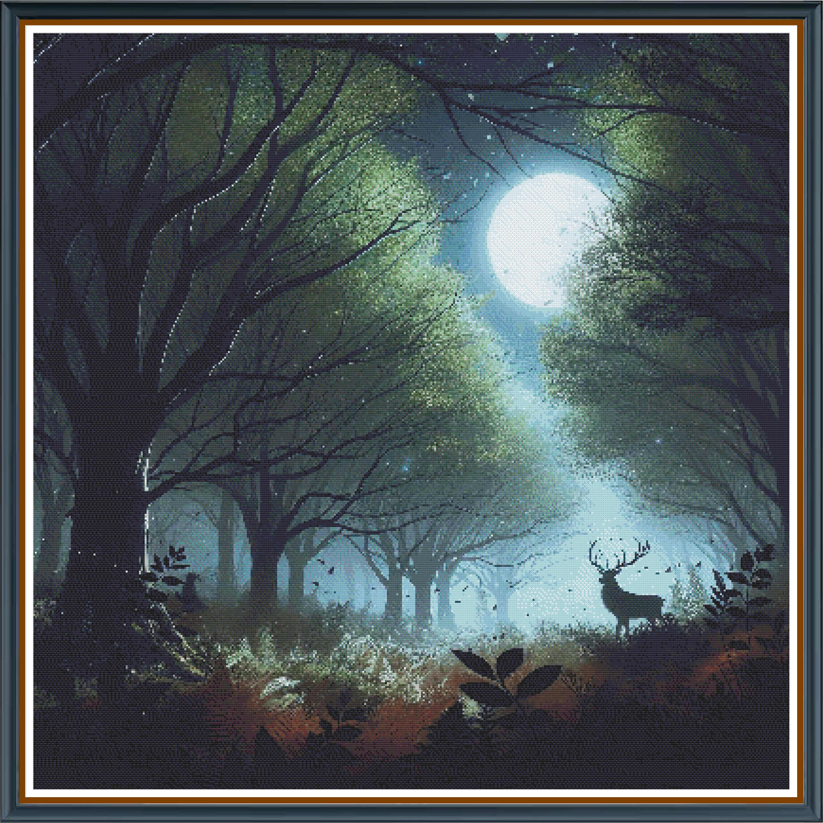Moonlight Stroll digital cross stitch pattern. Step into the mystery of a nocturnal forest with "Moonlight Stroll"—a digital cross-stitch pattern that captures a dark, dense woodland illuminated by a brilliant moon, revealing the silhouette of a majestic buck. A perfect atmospheric landscape for lovers of enigmatic vistas.