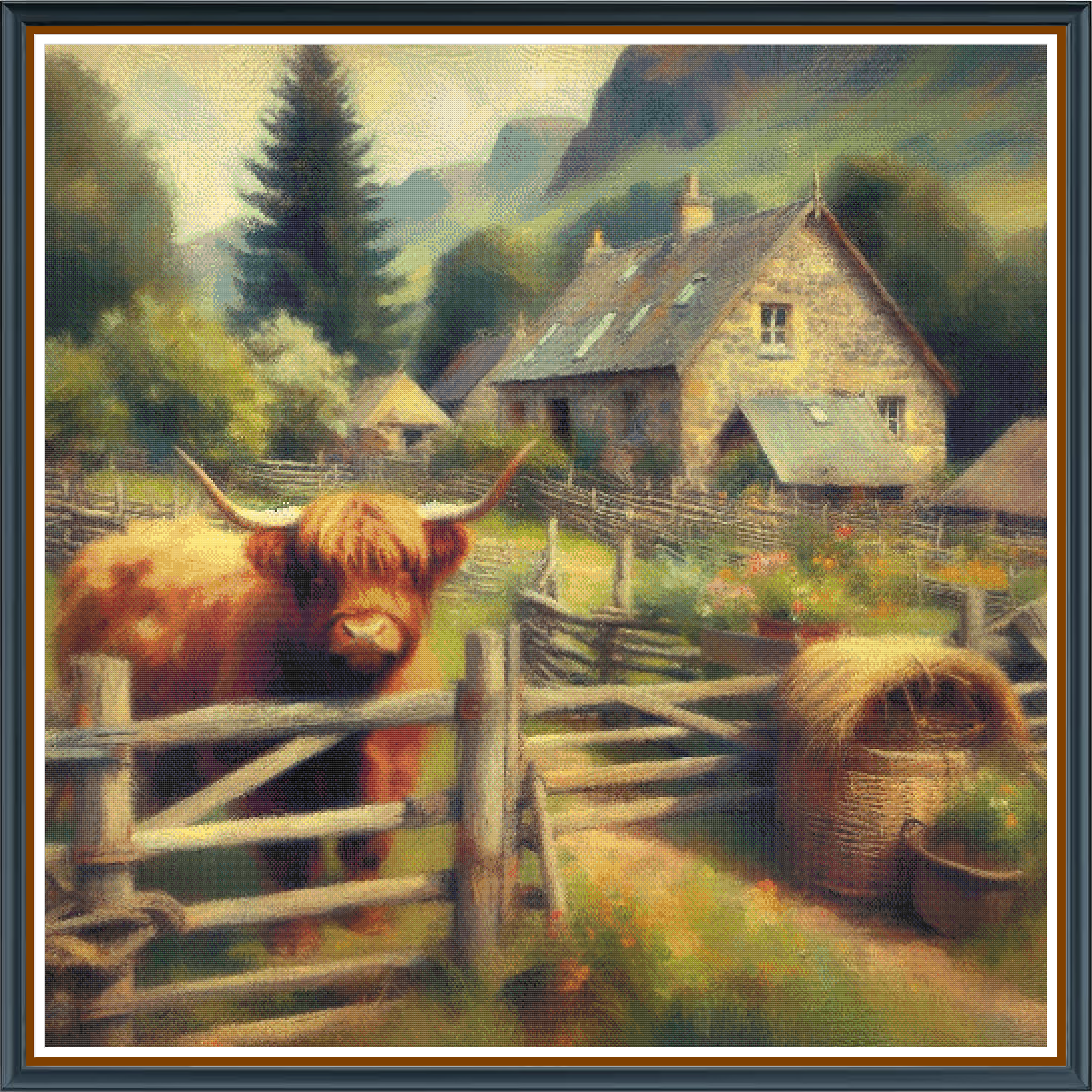 Barnyard Highland digital cross stitch pattern. Revel in rustic charm with "Barnyard Highland"—a painterly digital cross-stitch pattern that evokes the warm glow of a sunlit barnyard featuring a classic farmhouse and a gentle cow amid smudged, bright morning hues. Ideal for adding pastoral beauty to your decor.