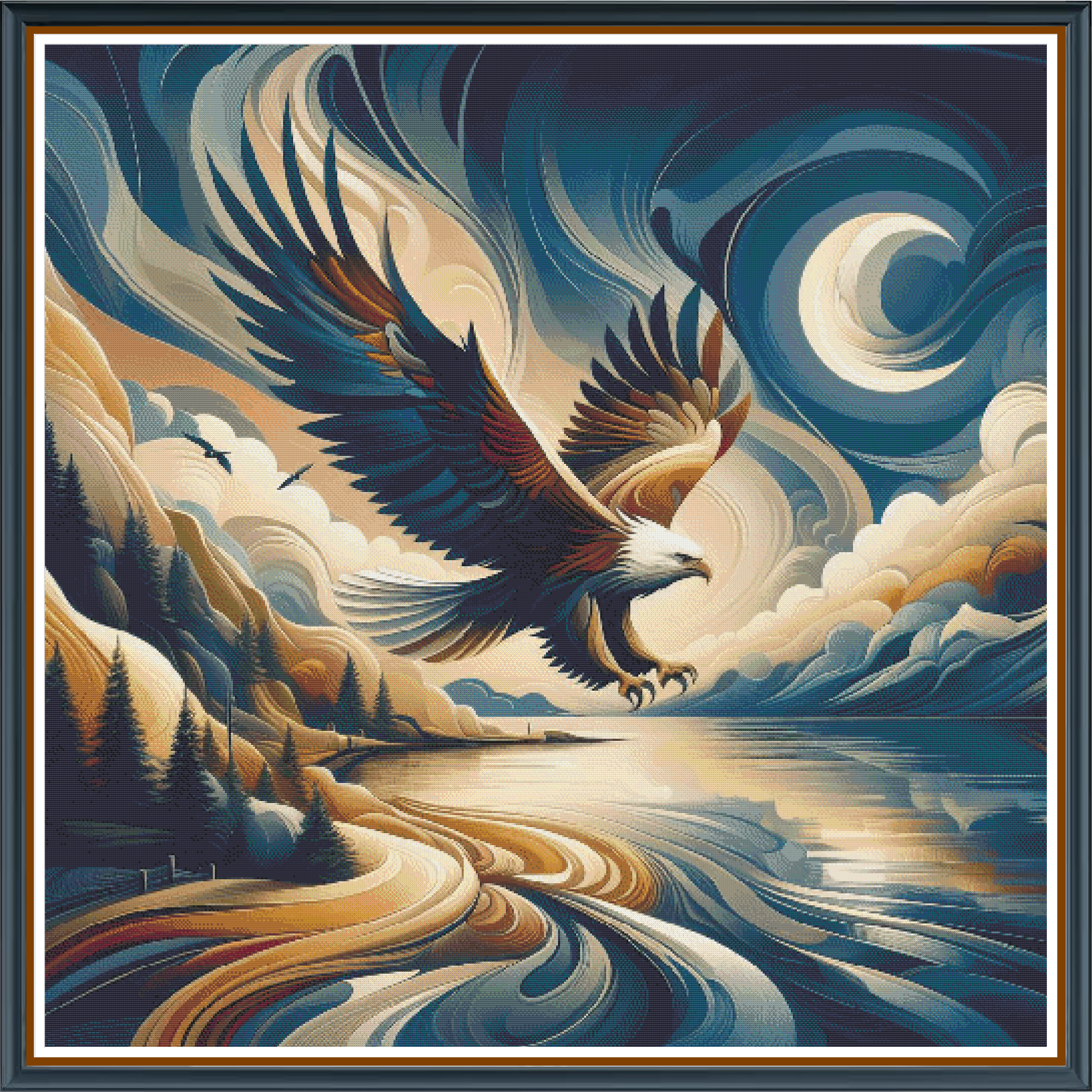 Swirling Eagle digital cross stitch pattern. Soar to new creative heights with "Swirling Eagle," a dynamic digital cross-stitch pattern showcasing an elegantly swirling eagle design. Perfect for art projects, DIY crafts, and modern wall decor.