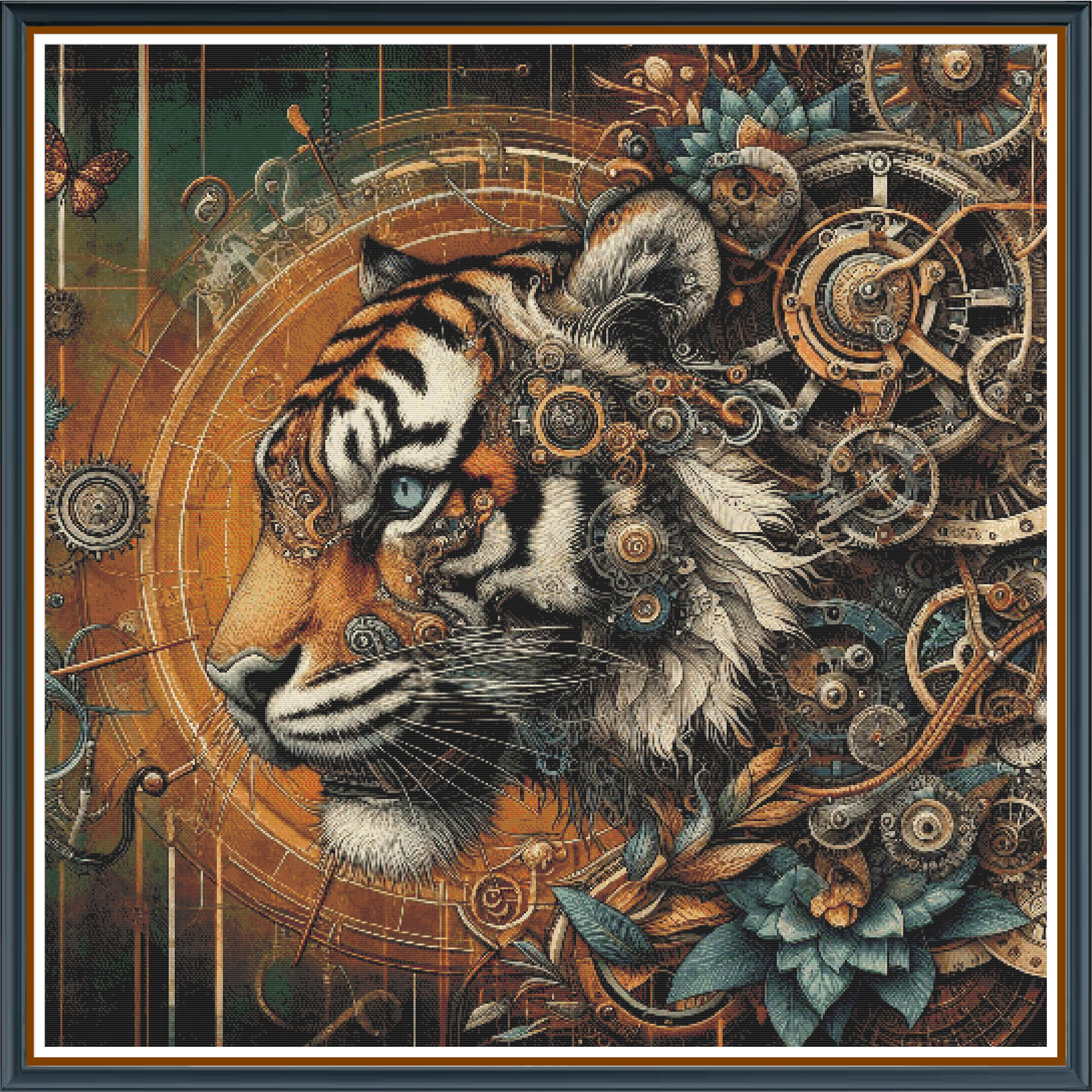 Mecha Tiger digital cross stitch pattern. Experience the fusion of raw power and futuristic design with "Mecha Tiger"—a digital cross-stitch pattern that reimagines a tiger’s majestic head through steampunk innovation, complete with intricate gear accents. Perfect for animal lovers seeking a bold modern twist.