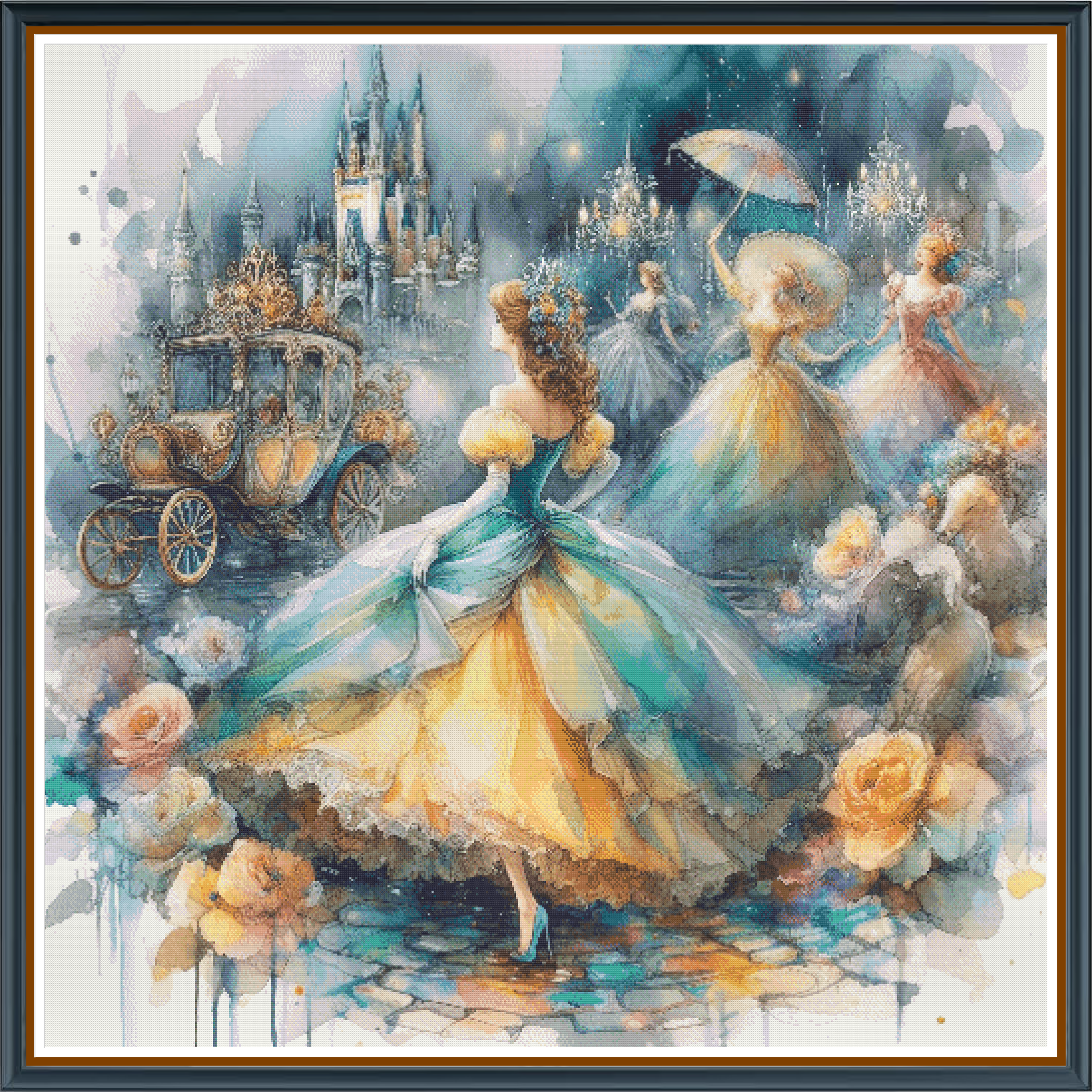 Princess Ball digital cross stitch pattern. A girl dressed up for a ball in a gown, waiting for a carriage to take her away, set against a blue and yellow fantasy world.