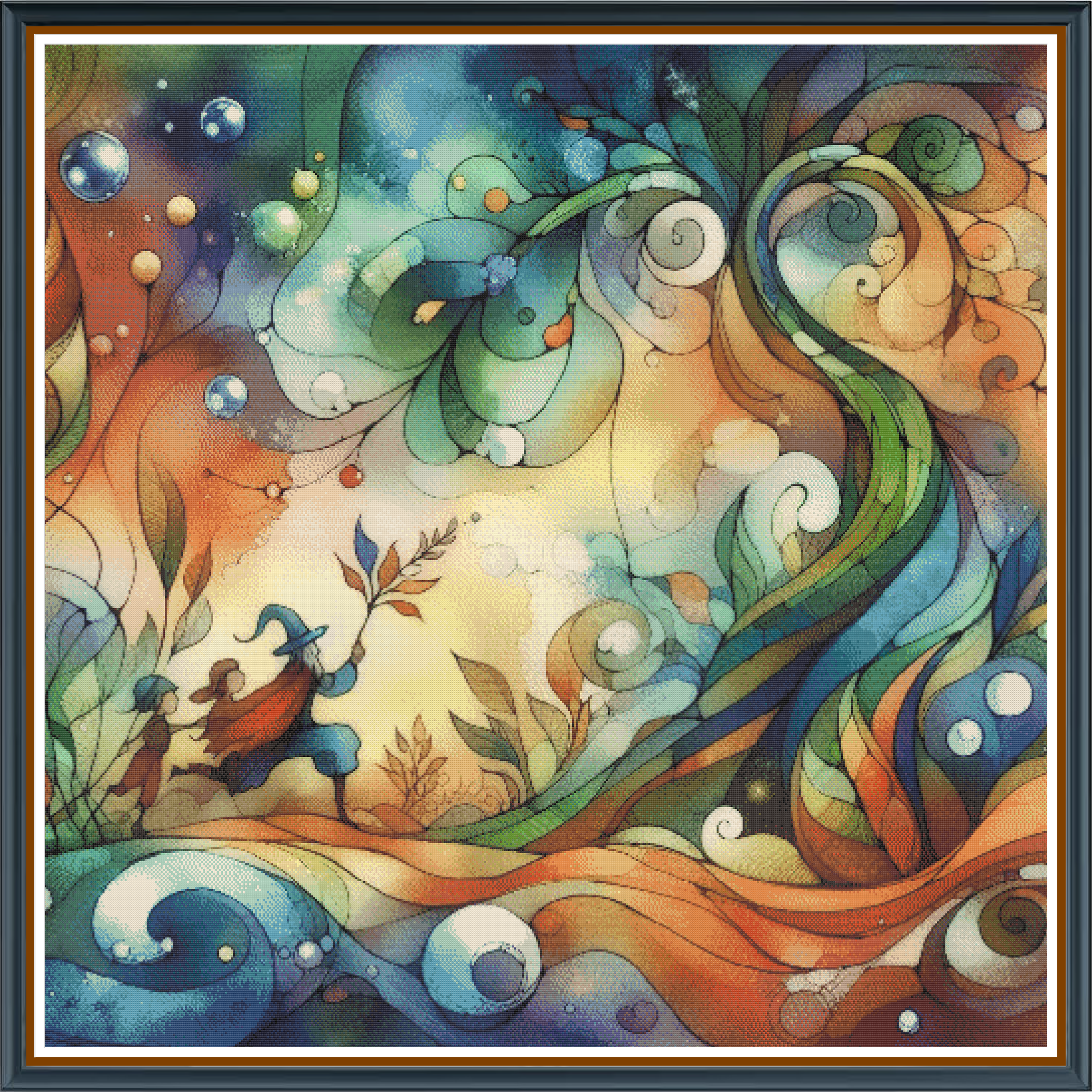 Tree Offering digital cross stitch pattern. A wizard-like character leading some children towards a magical tree to offer it something, rendered in a bright, mosaic style.