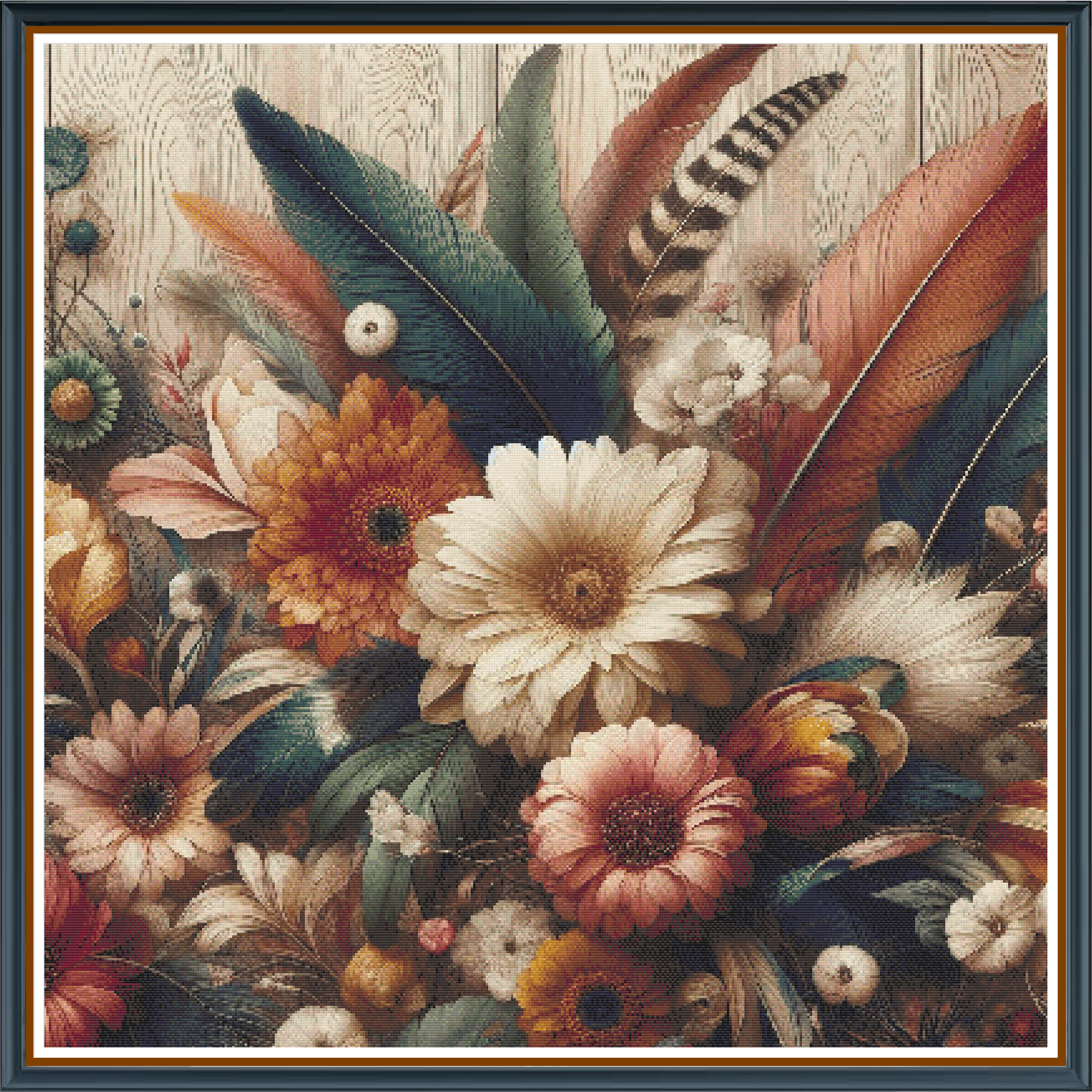 Feather Bouquet digital cross stitch pattern. Elevate your home décor with our “Feather Bouquet” digital cross-stitch pattern. Delicate feathers and floral blooms in soft pastel hues are set against a whitewashed wooden backdrop—perfect for DIY crafts, wedding gifts, and nature-inspired art.