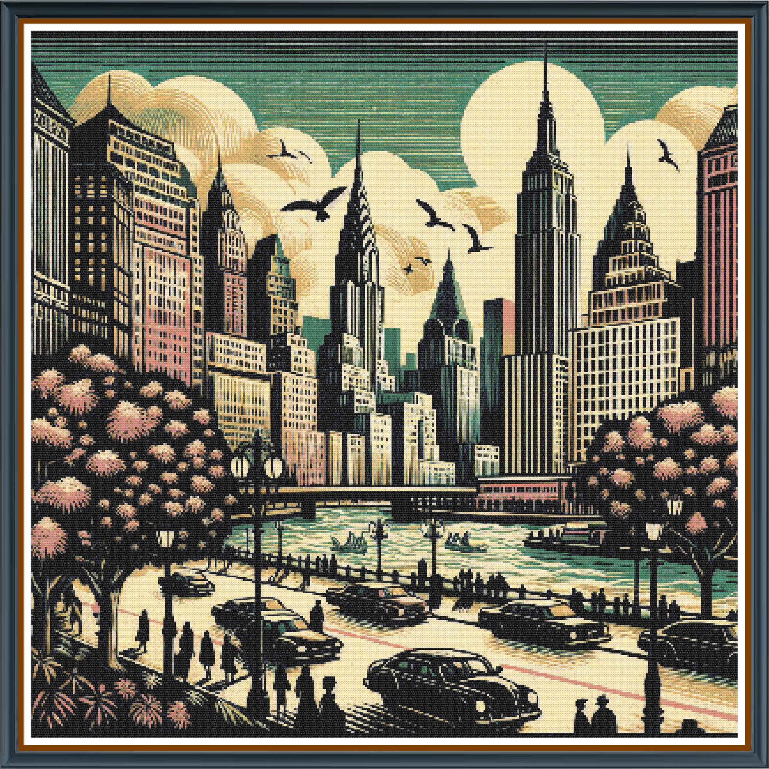 Retro Skyline digital cross stitch pattern. Capture vintage urban charm with our “Retro Skyline” digital cross-stitch pattern. This design features a classic city skyline silhouette, birds in flight, and strolling figures—ideal for loft accents, modern home décor, and unique DIY gifts.