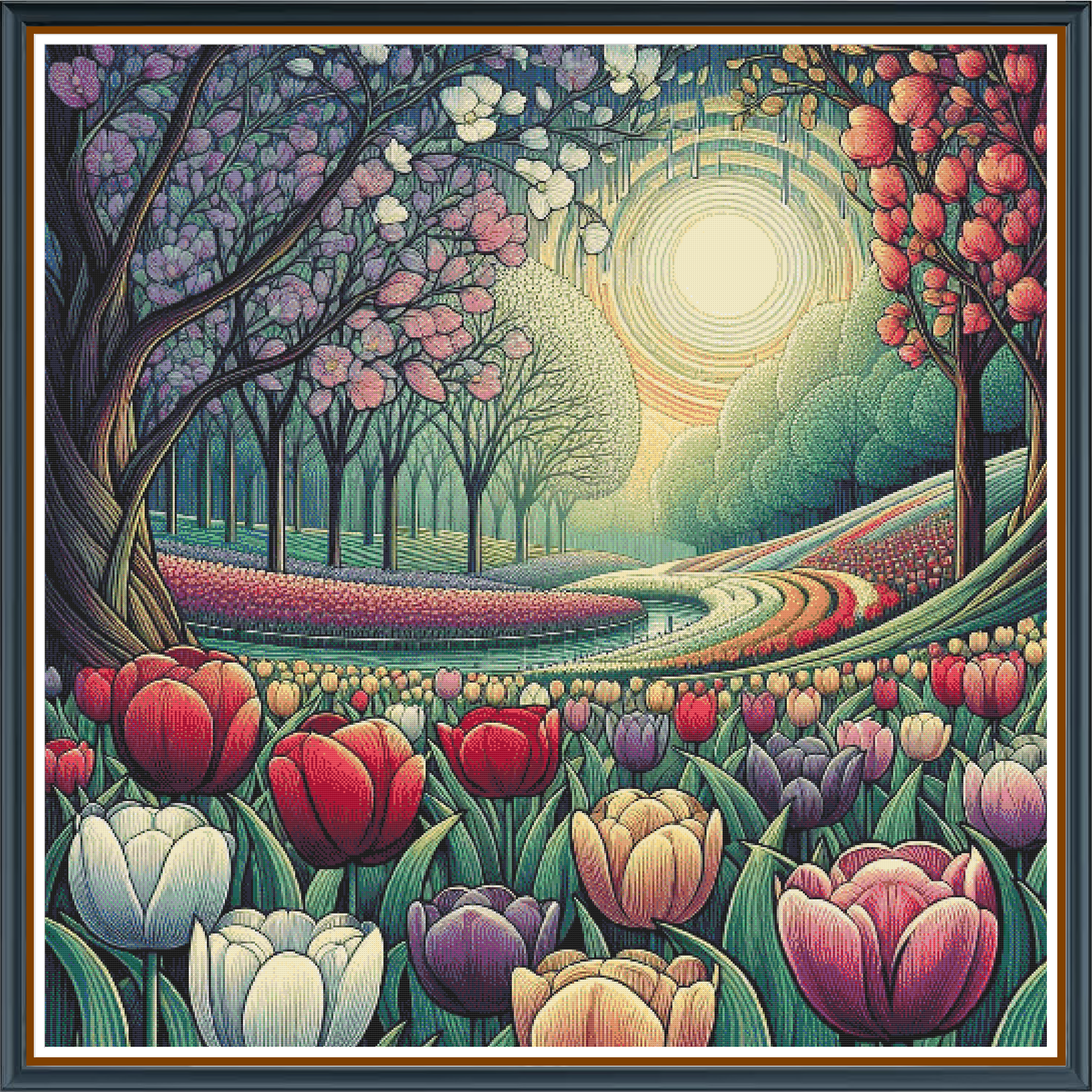Tulip Forest digital cross stitch pattern. Bring spring indoors with our “Tulip Forest” digital cross-stitch pattern. A lush field of vibrant tulips meets whispering trees in this floral design—perfect for garden-inspired home décor, seasonal crafts, and heartfelt gifts.