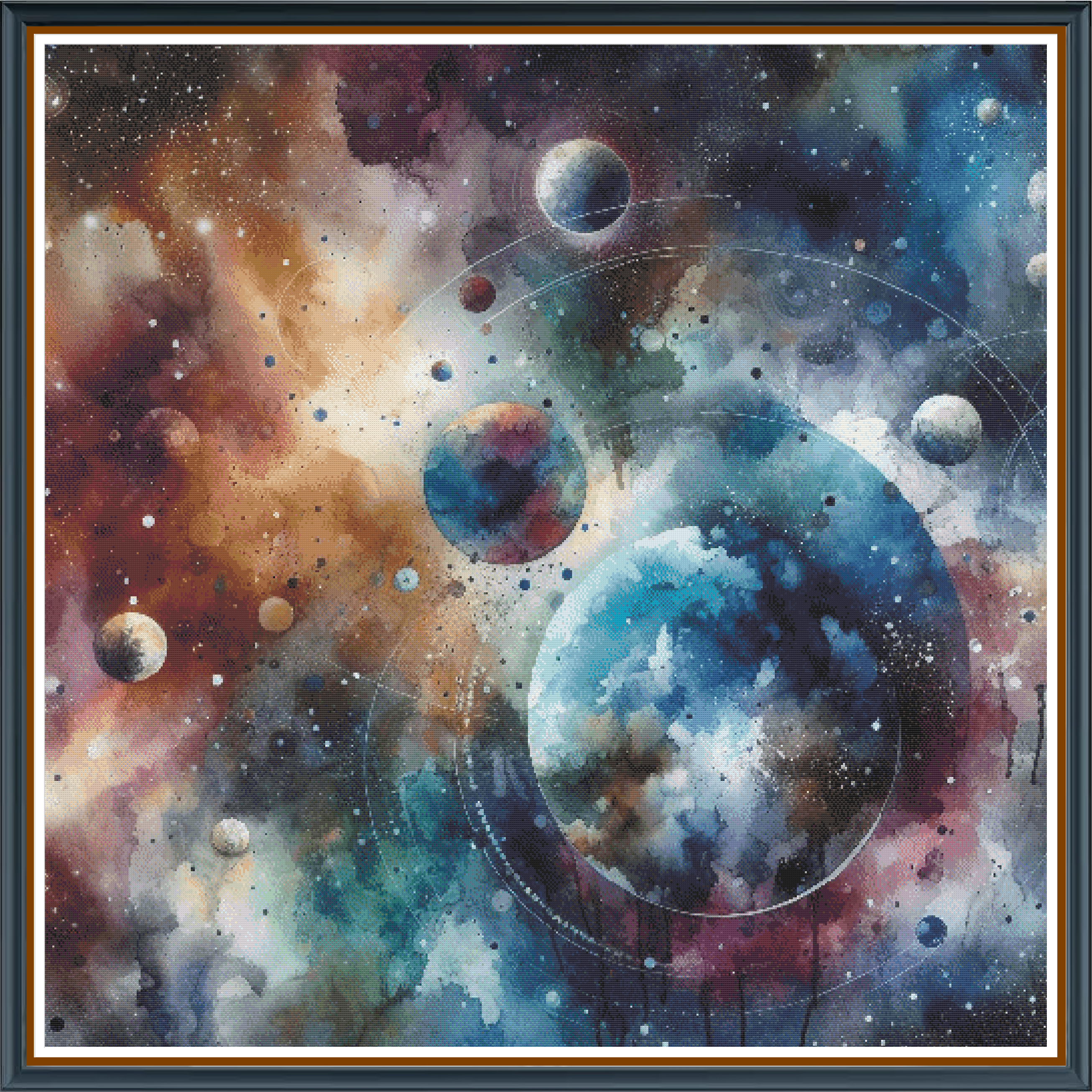 Watercolor Worlds digital cross stitch pattern. Explore dreamlike landscapes with our “Watercolor Worlds” digital cross-stitch pattern. Lush botanical silhouettes float against a swirled cosmic watercolor sky in purples and blues—perfect for galaxy-inspired art, modern décor, and creative DIY crafts.