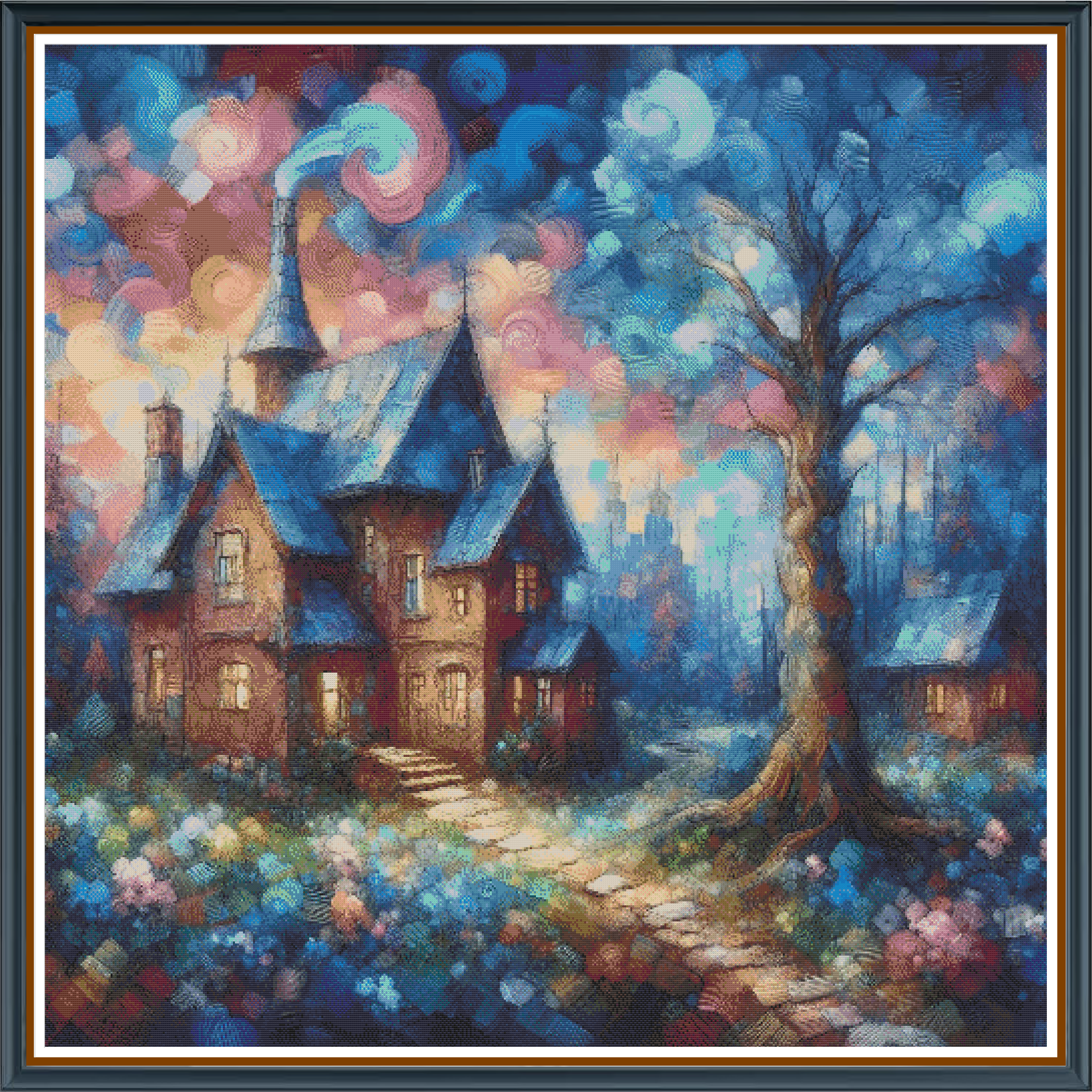Candy Sky digital cross stitch pattern. Paint the sky with pastel dreams using our “Candy Sky” digital cross-stitch pattern. A cozy blue-roofed house beneath a cotton-candy swirl of pinks and blues adds whimsical charm to any DIY home décor project.