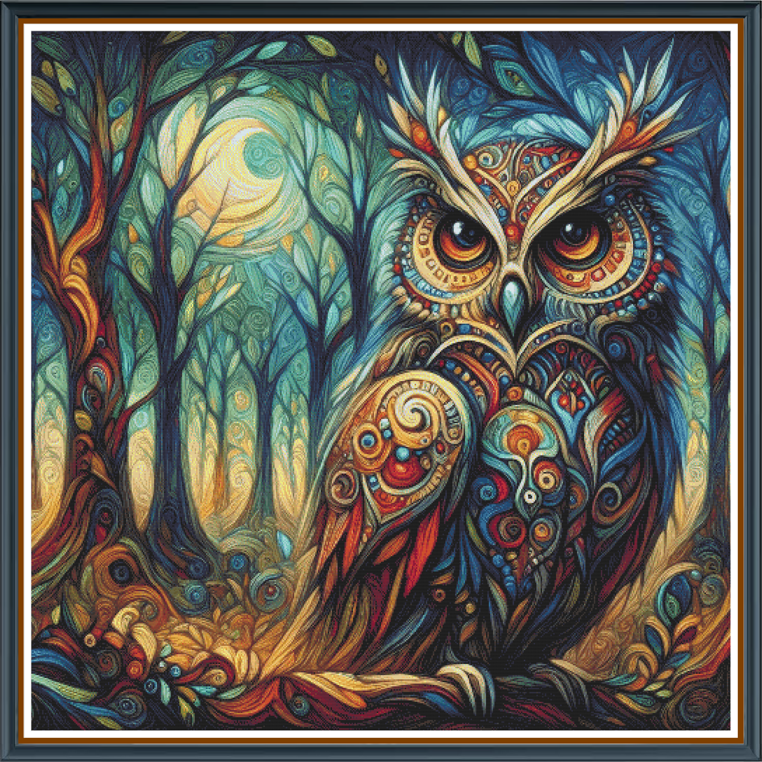 Huxley Owl digital cross stitch pattern. Add nocturnal elegance with our “Huxley Owl” digital cross-stitch pattern. A mosaic-style owl in rich greens perched against dark foliage—ideal for wildlife aficionados and detailed stitching enthusiasts.