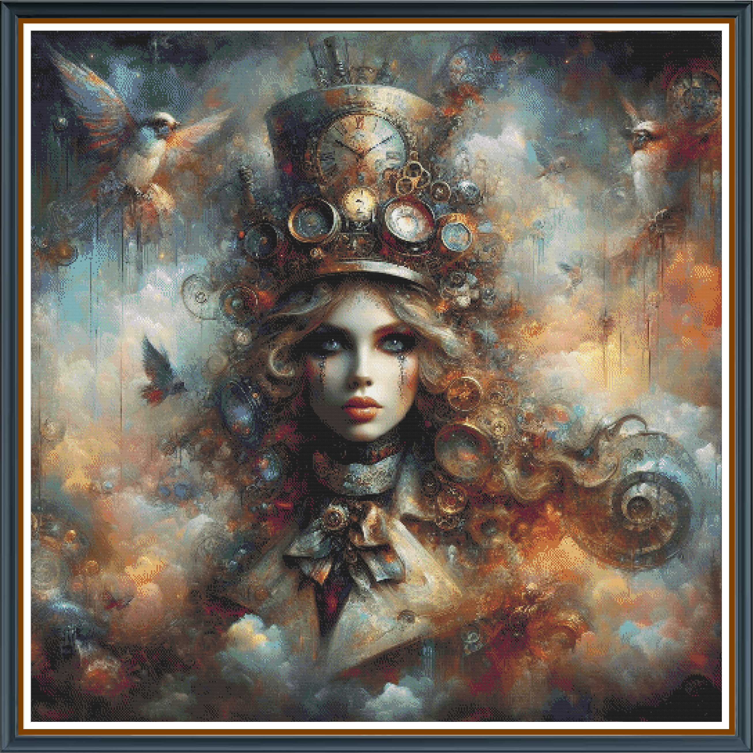 Industrial Mary digital cross stitch pattern. Merge mystery and machinery with our “Industrial Mary” digital cross-stitch pattern. A steampunk-inspired portrait of a graceful woman adorned with clockwork elements—perfect for gothic décor and unique art gifts.