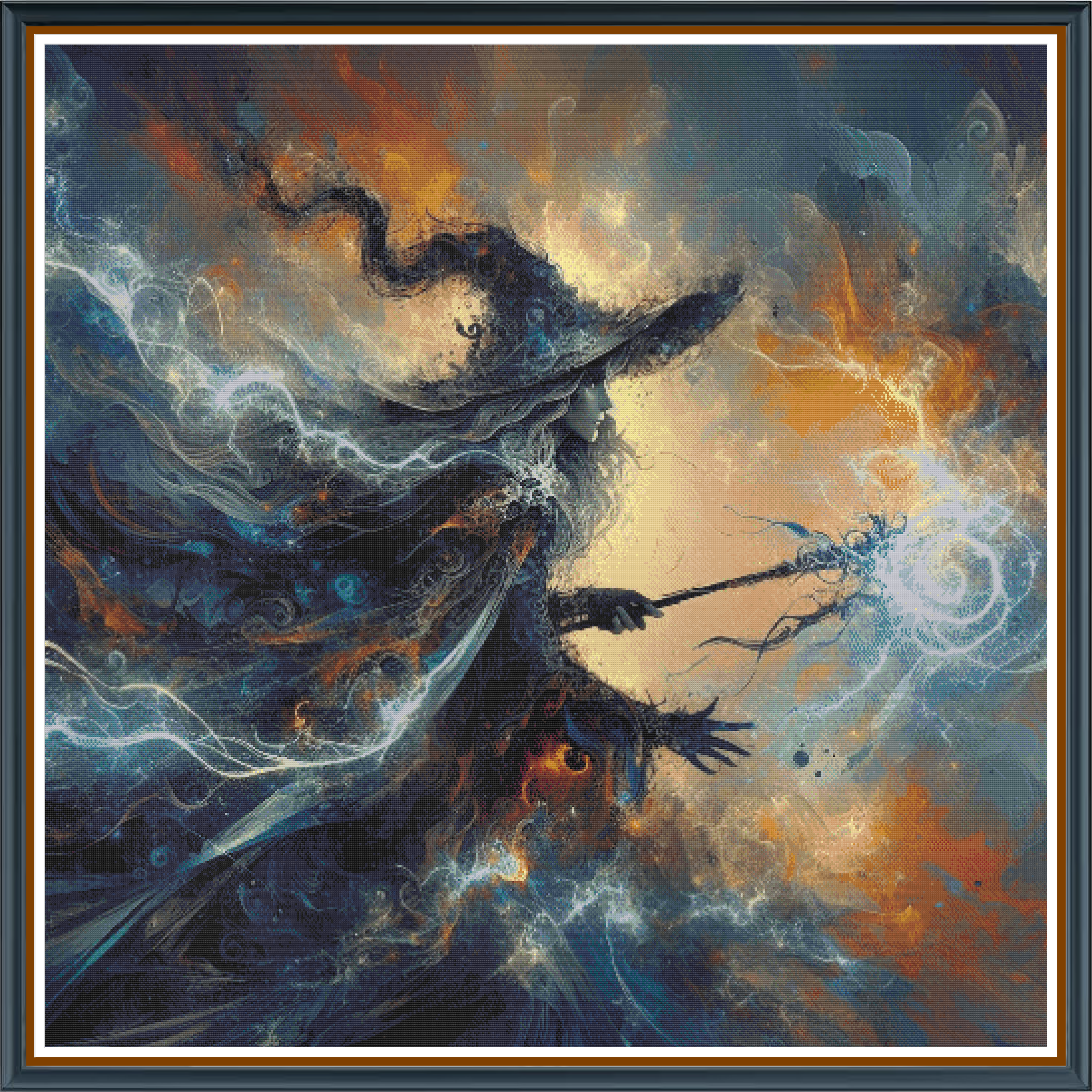 Lightning Witch digital cross stitch pattern. Harness electrifying creativity with our “Lightning Witch” digital cross-stitch pattern. A dynamic sorceress commanding electric skies in contrasting oranges and blues—ideal for fantasy décor and edgy DIY crafts.