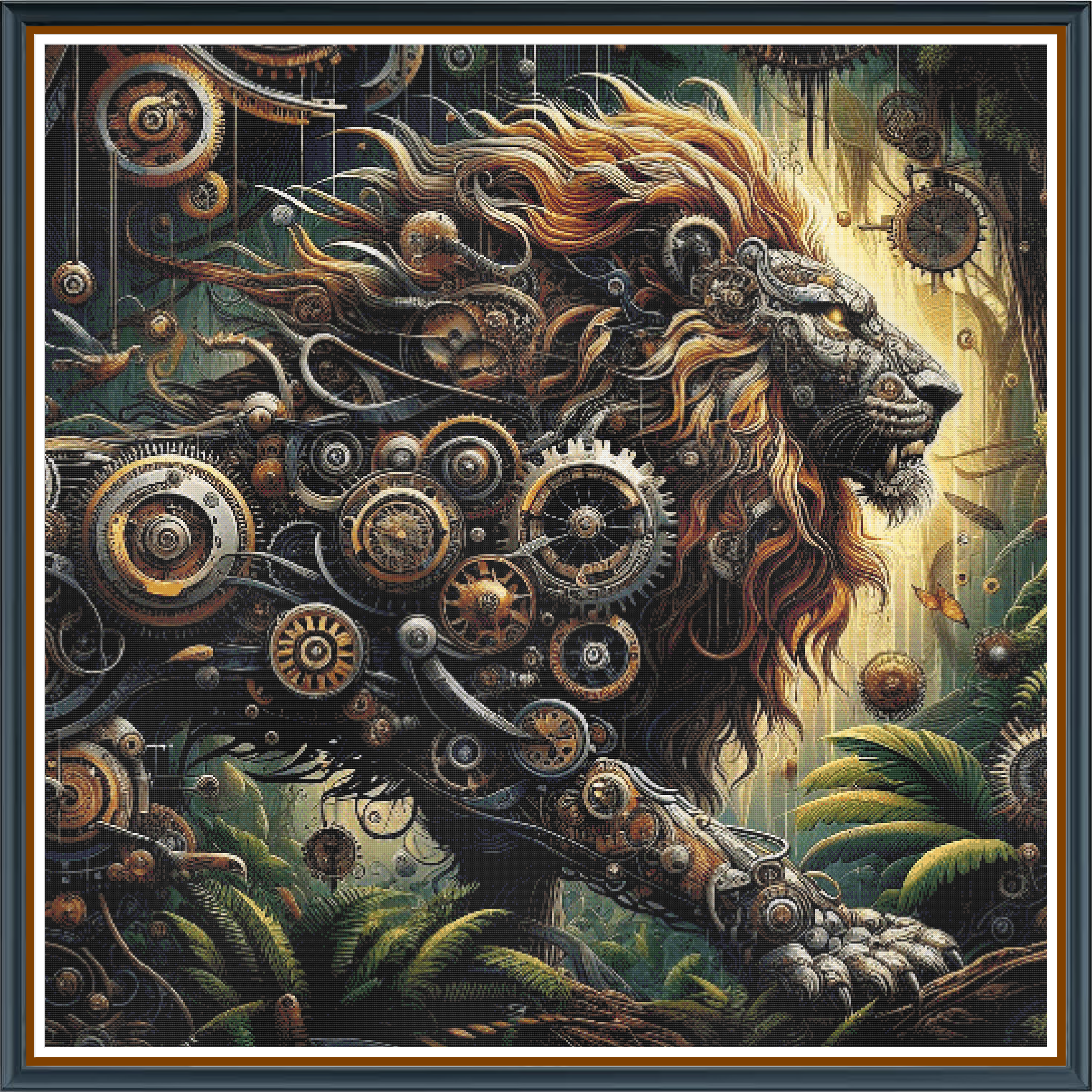 Leonidas Lion digital cross stitch pattern. Unleash strength and regality with "Leonidas Lion," a digital cross-stitch pattern featuring a majestic lion design. Perfect for bold DIY projects, modern home decor, and art collectors seeking powerful animal motifs.