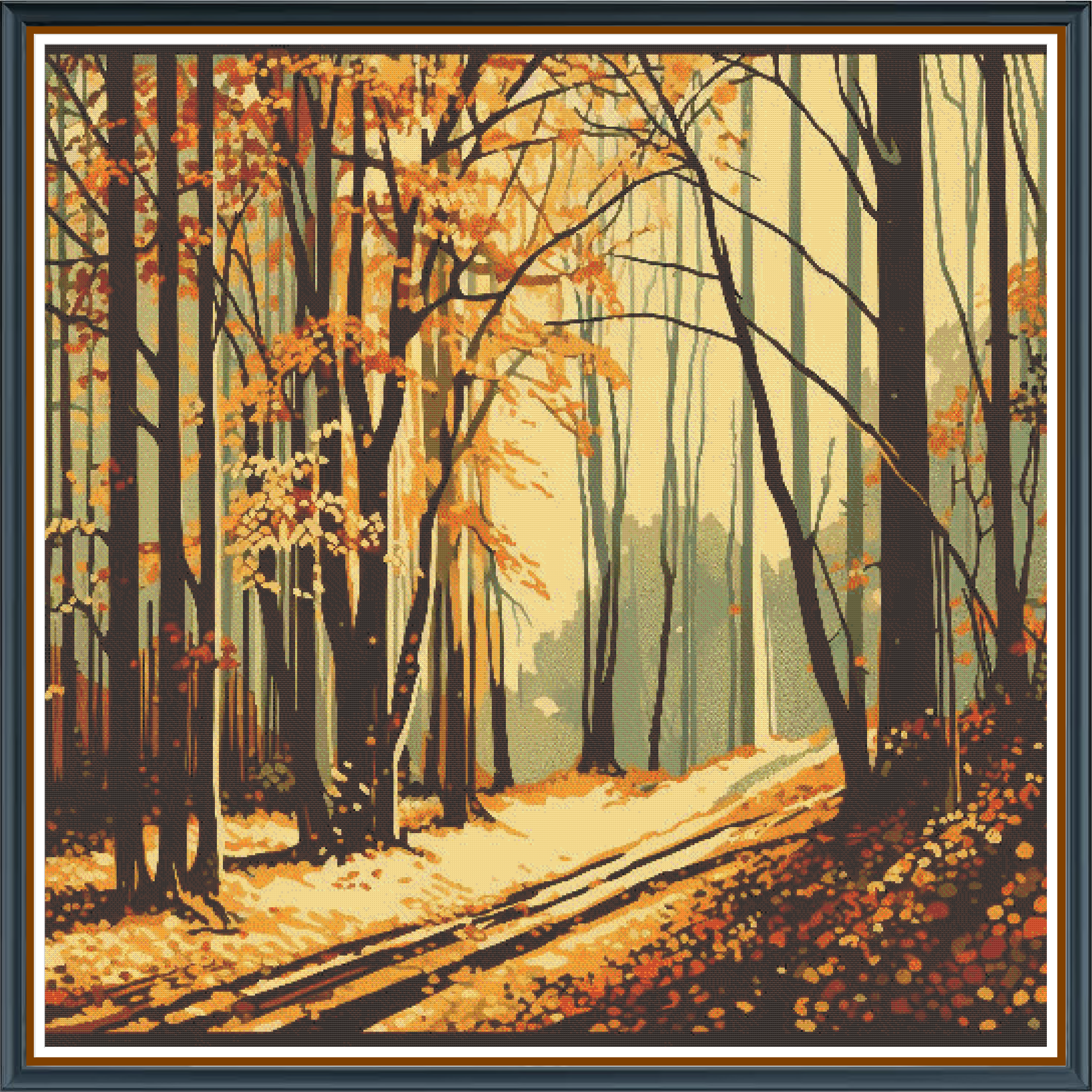 Autumn Forest digital cross stitch pattern. Embrace the beauty of fall with "Autumn Forest," a digital cross-stitch pattern that captures the serene charm of an autumn woodland. Ideal for seasonal decor, DIY crafts, and nature-inspired art.