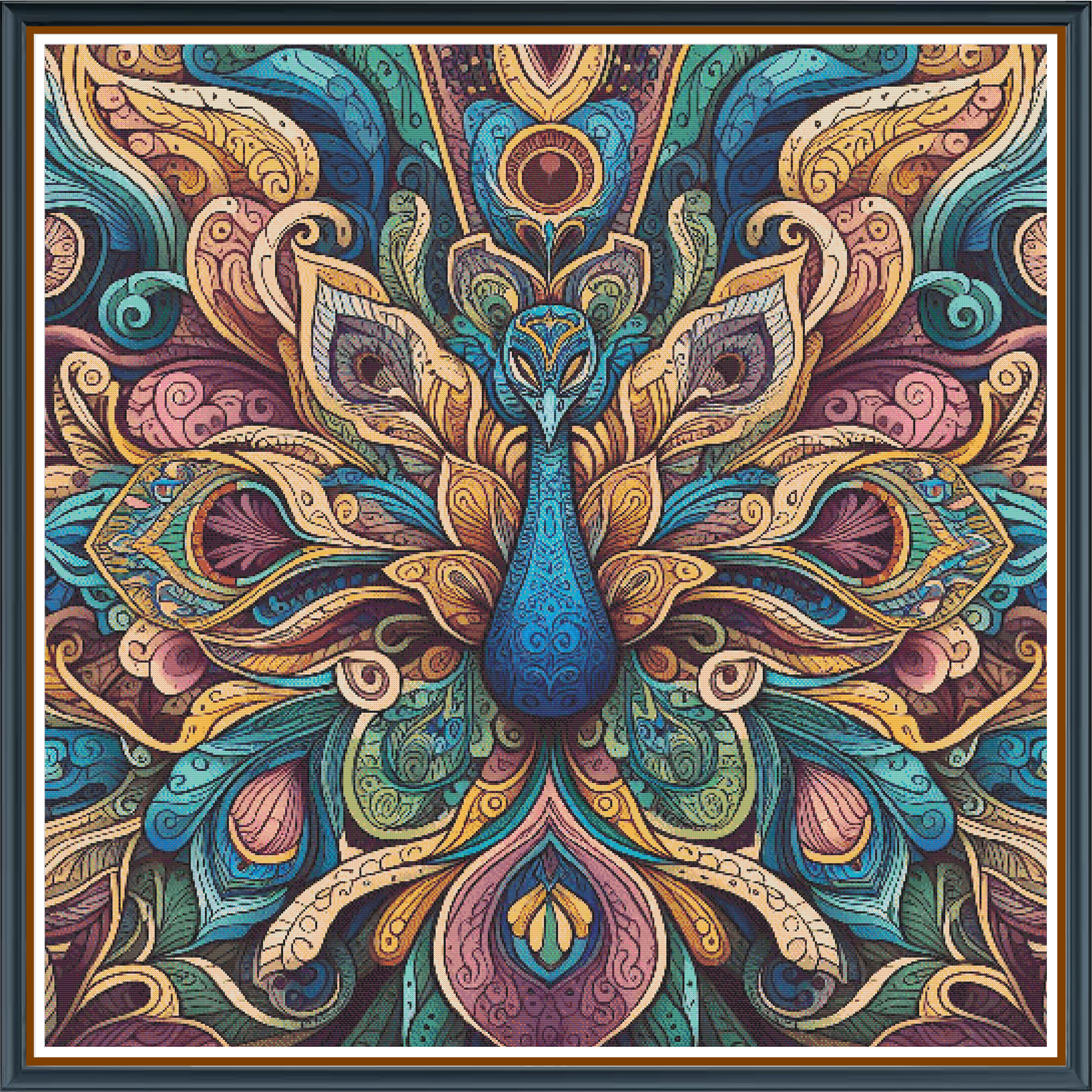 Mandala Peacock digital cross stitch pattern. Discover vibrant artistry with "Mandala Peacock," a digital cross-stitch pattern featuring intricate mandala details and the majestic allure of a peacock. Perfect for DIY decor, art projects, and standout wall art.