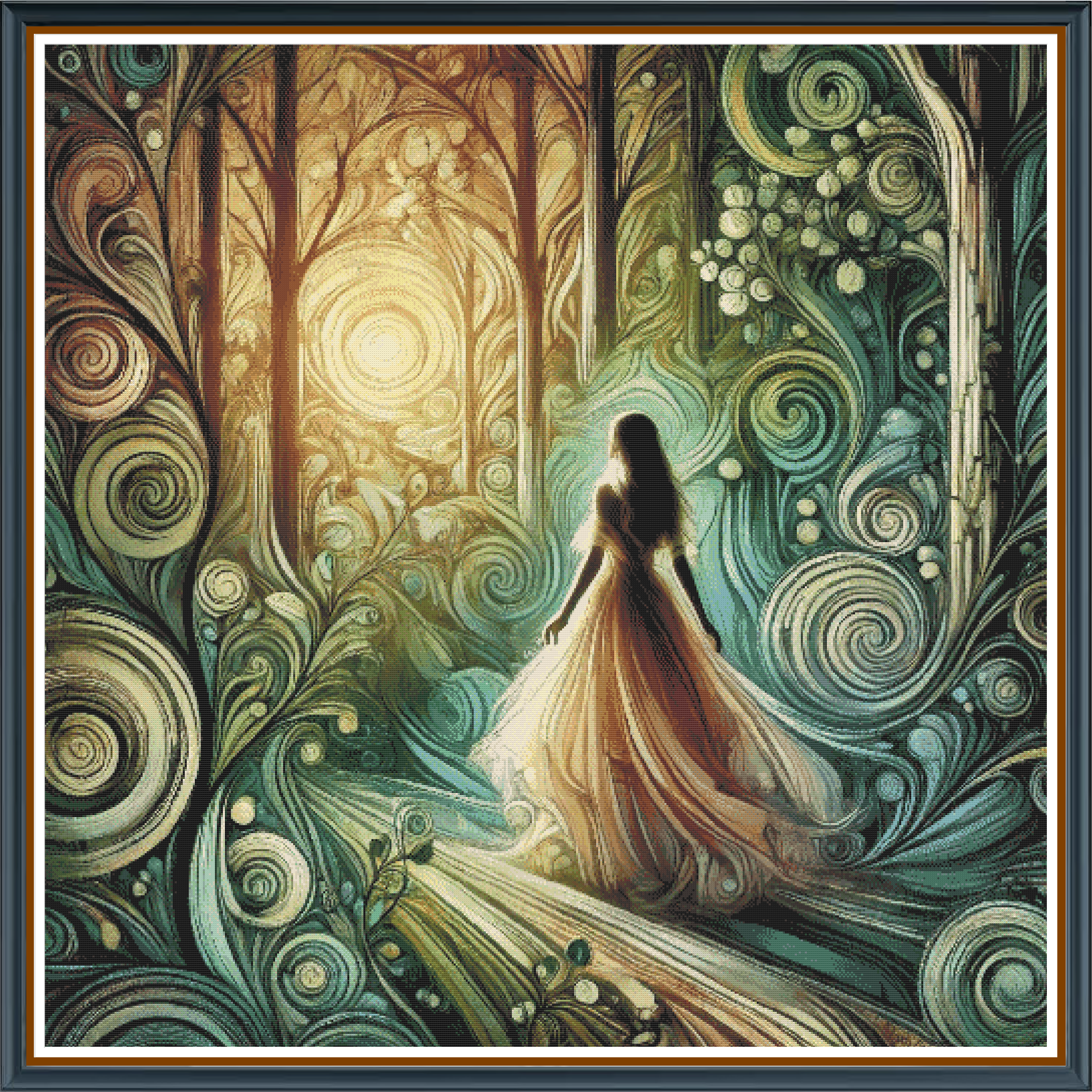 Fairy Forest digital cross stitch pattern. Step into an enchanted realm with "Fairy Forest," a digital cross-stitch pattern that brings a mystical fairy forest to life. Ideal for whimsical home decor, DIY crafts, and magical art projects.