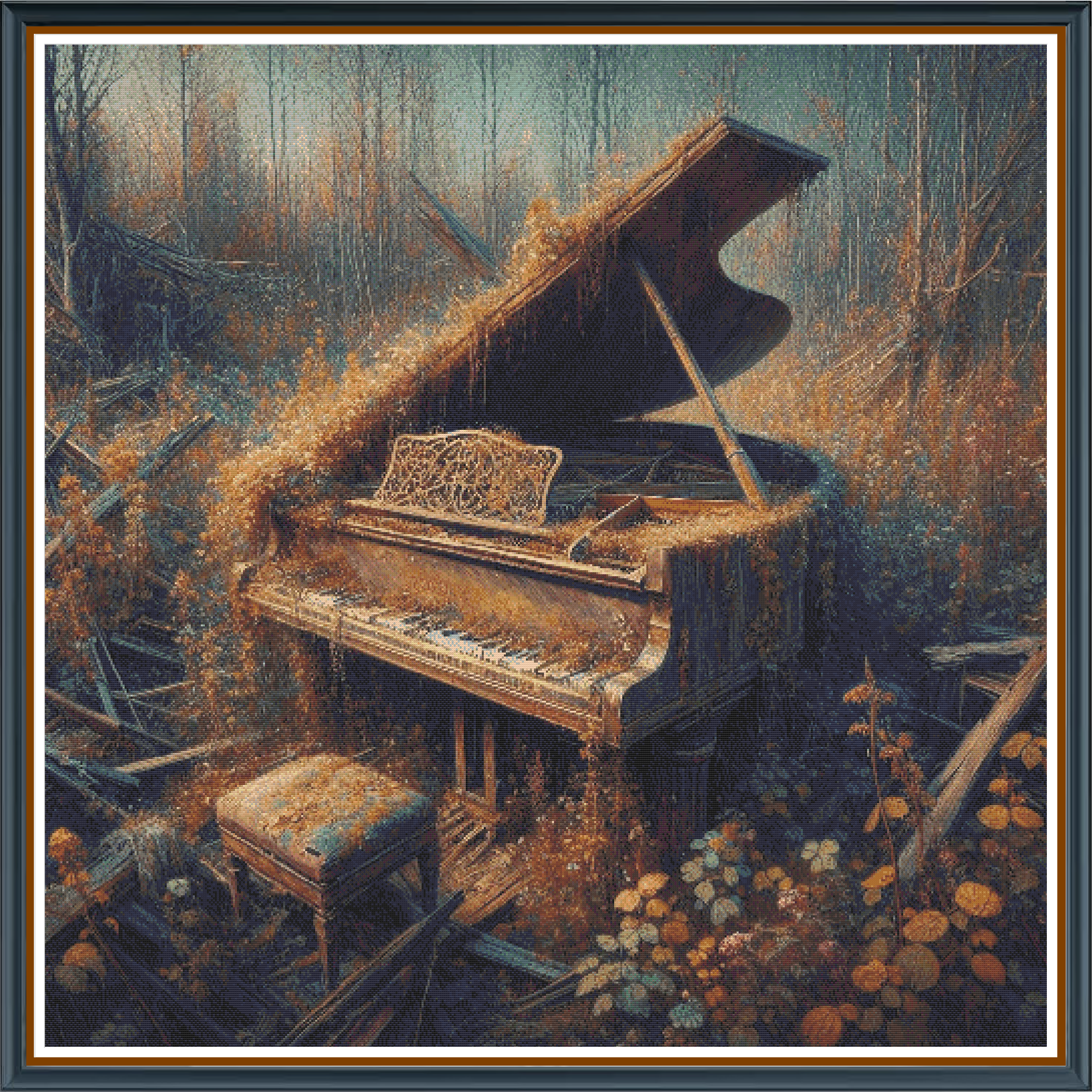 Overgrown Piano digital cross stitch pattern. Merge music and nature with "Overgrown Piano," a digital cross-stitch pattern where nature gracefully reclaims a majestic piano. Ideal for creative home decor, DIY projects, and artistic inspiration.