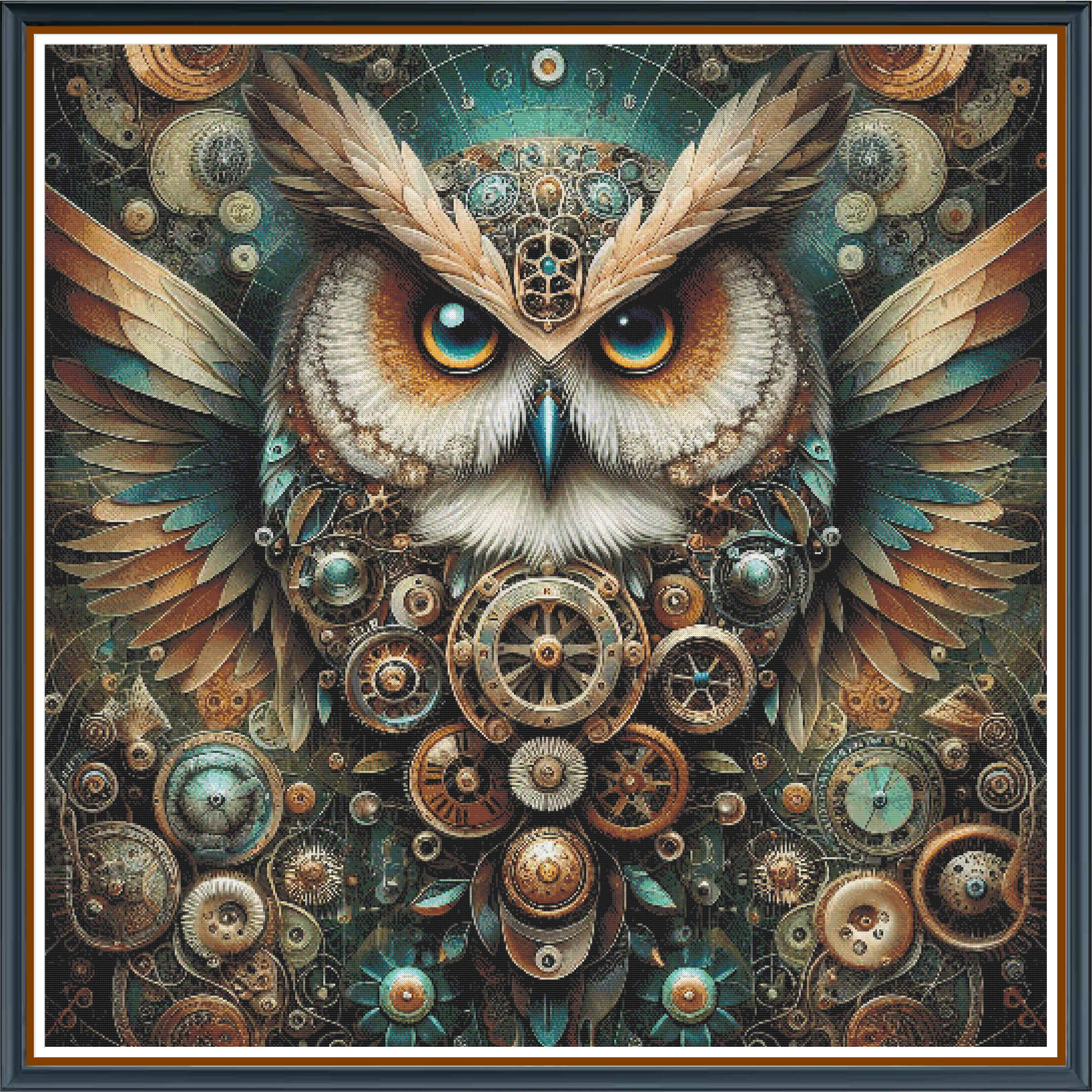 Sampson Owl digital cross stitch pattern. Unlock nocturnal creativity with "Sampson Owl," a digital cross-stitch pattern featuring a wise owl design. Ideal for craft enthusiasts seeking unique nighttime art and home decor inspiration.