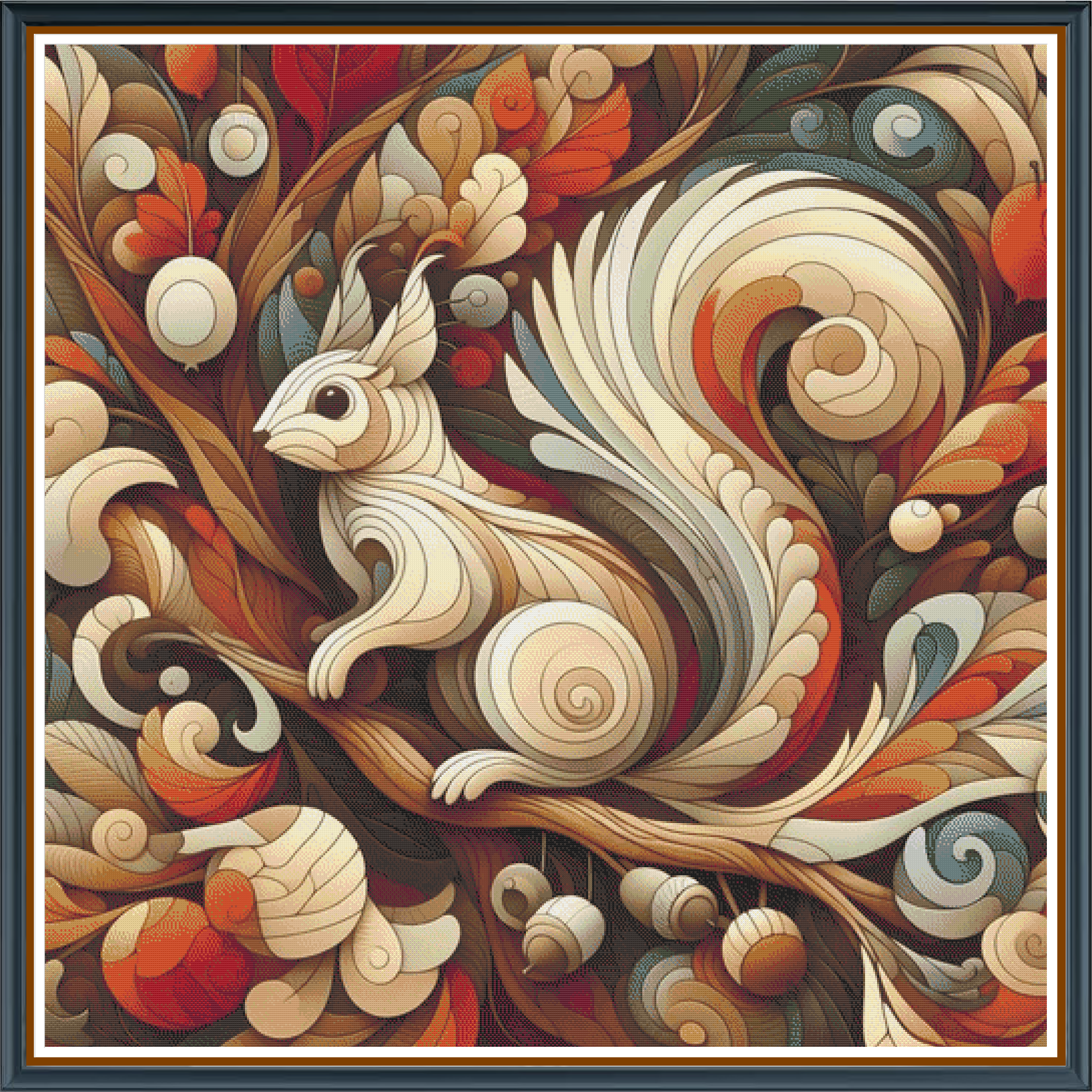 Swirly Squirrely digital cross stitch pattern. Add playful energy with "Swirly Squirrely," a digital cross-stitch pattern showcasing a cute white squirrel with dynamic swirling colors. Ideal for whimsical DIY crafts, home decor, and fun art projects.