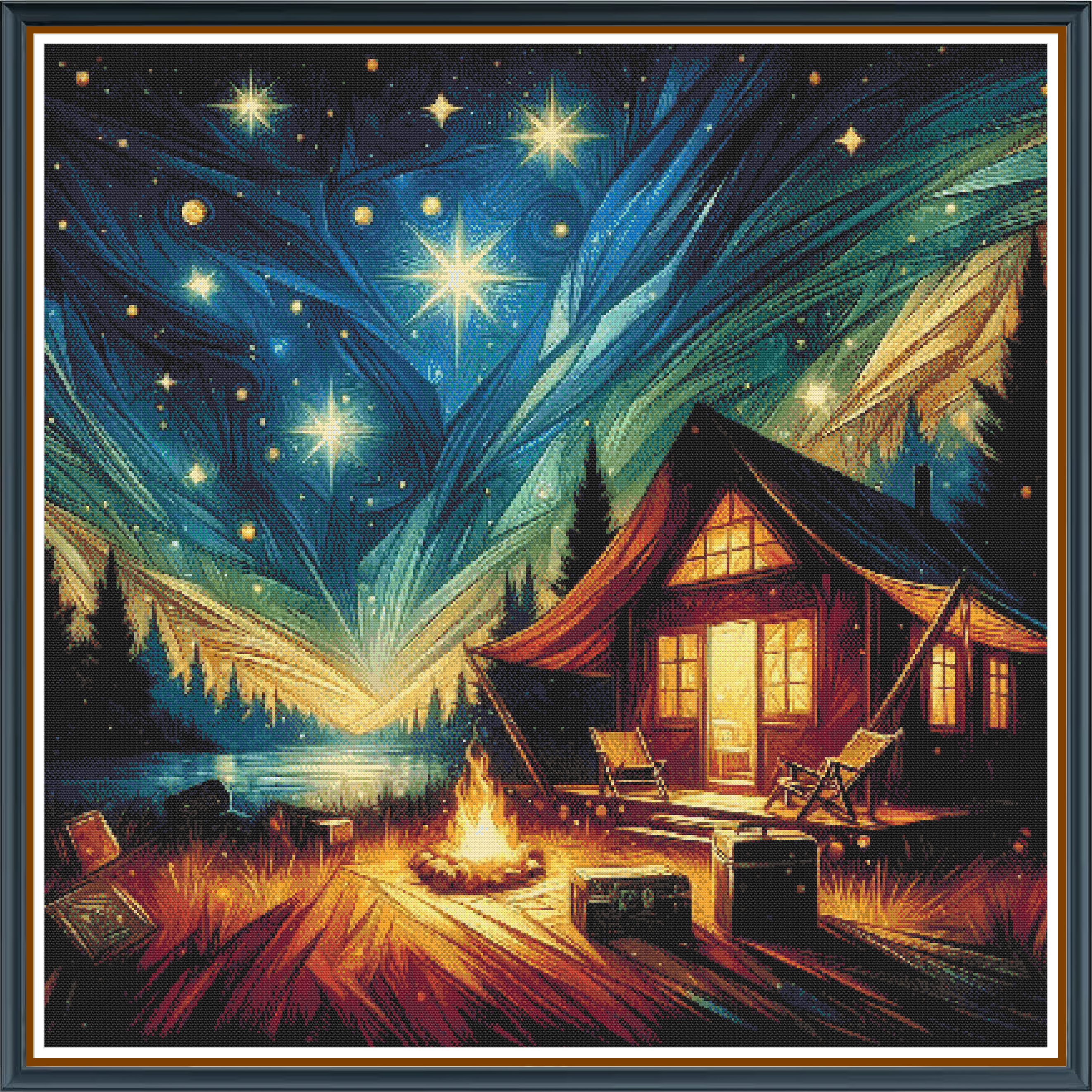 Cozy Camping digital cross stitch pattern. Reconnect with nature through "Cozy Camping," a digital cross-stitch pattern that captures the serene charm of a peaceful camping retreat. Perfect for DIY art, outdoor decor, and creative inspiration.