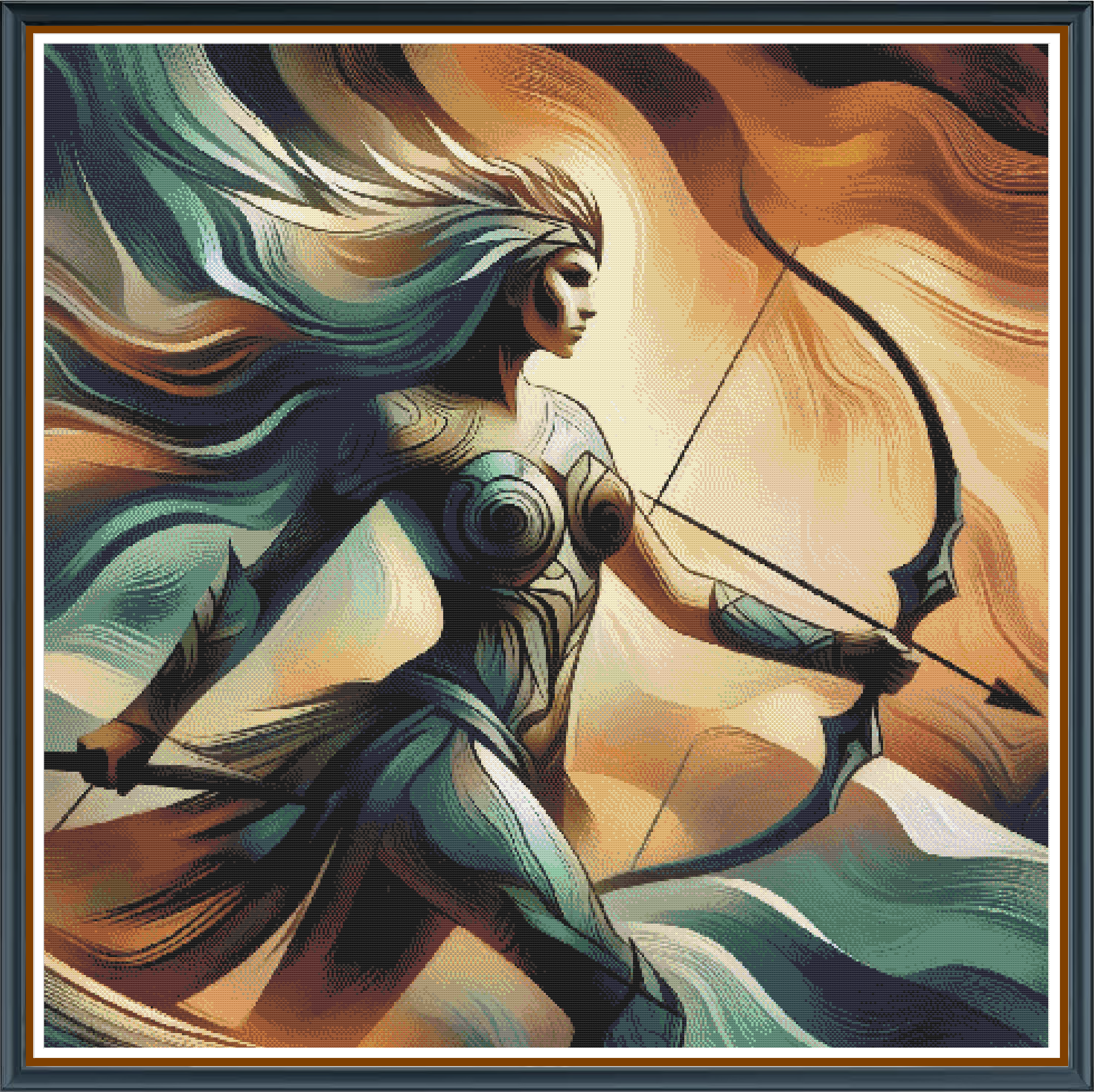 Warrior Princess digital cross stitch pattern. Unleash strength and elegance with "Warrior Princess," a digital cross-stitch pattern featuring a fierce princess with intricate detailing. Perfect for empowering DIY projects, regal decor, and art that makes a statement.