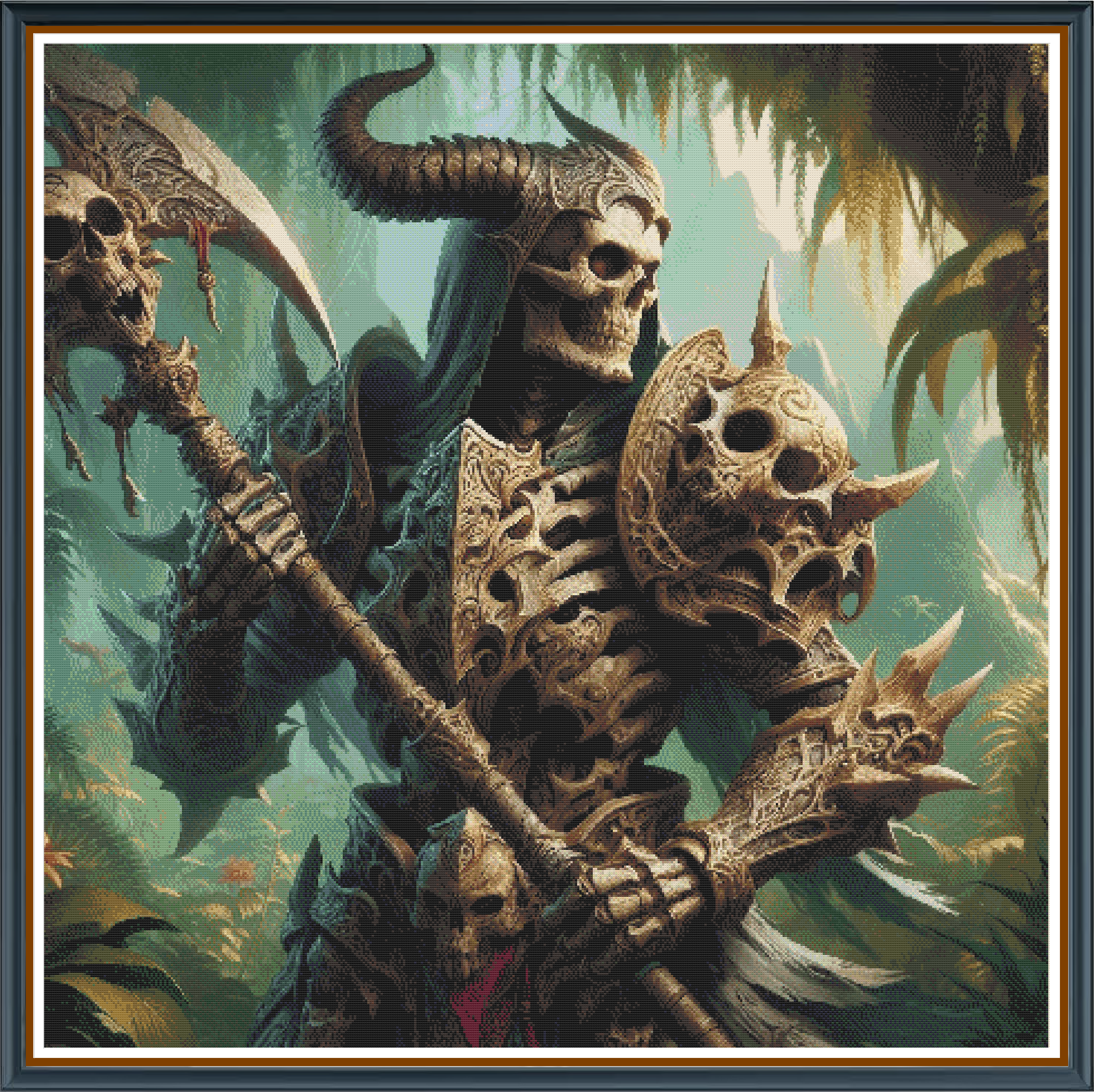 The Skull King digital cross stitch pattern. Enter a realm of dark fantasy with "The Skull King," a digital cross-stitch pattern featuring a formidable skeleton knight. Ideal for gothic decor, DIY crafts, and art that commands attention.