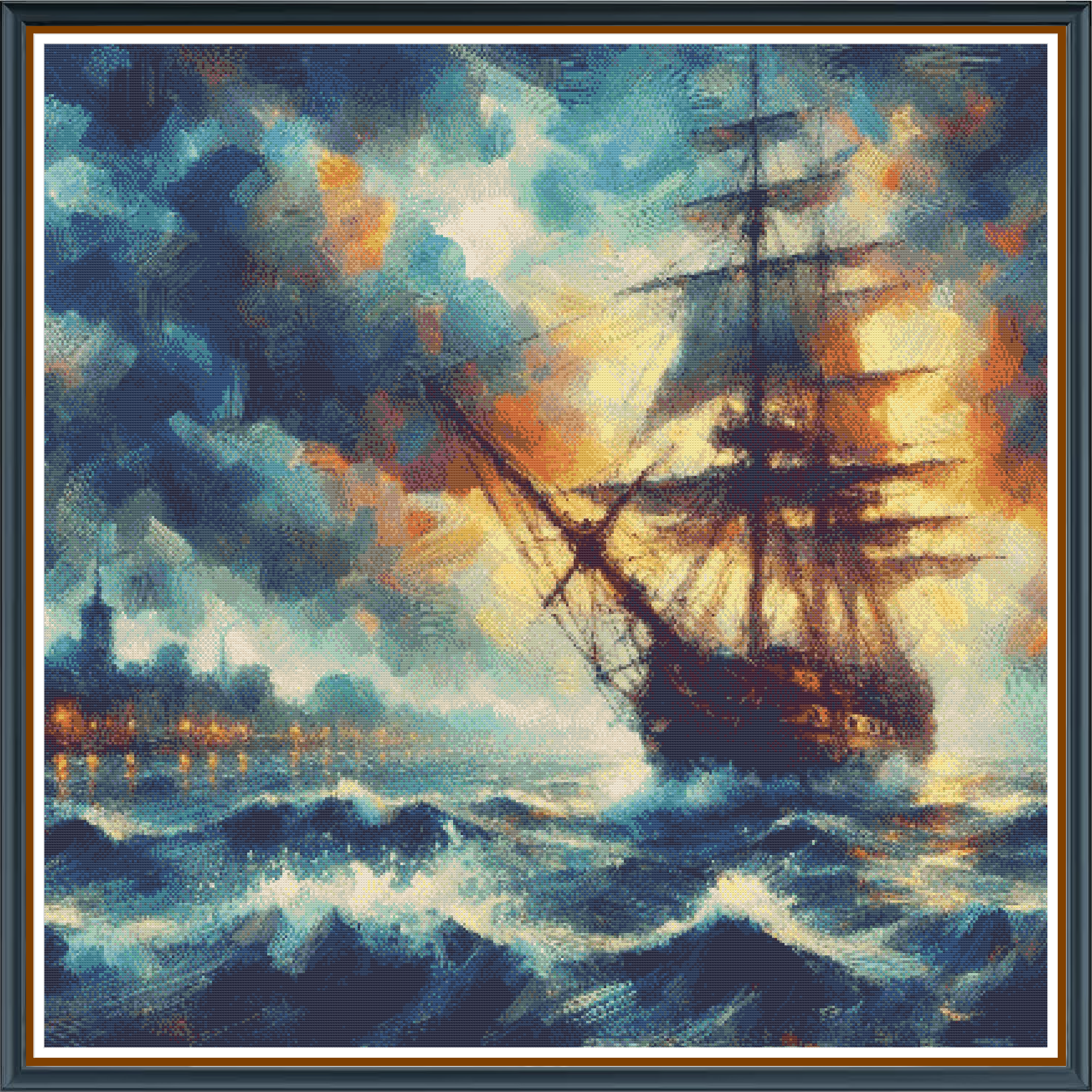 Stormy Seas Ahead digital cross stitch pattern. Set sail with "Stormy Seas Ahead," a digital cross-stitch pattern that captures the drama of a rugged ship amid a stormy, abstract seascape. Perfect for maritime decor, DIY crafts, and art inspired by the ocean.