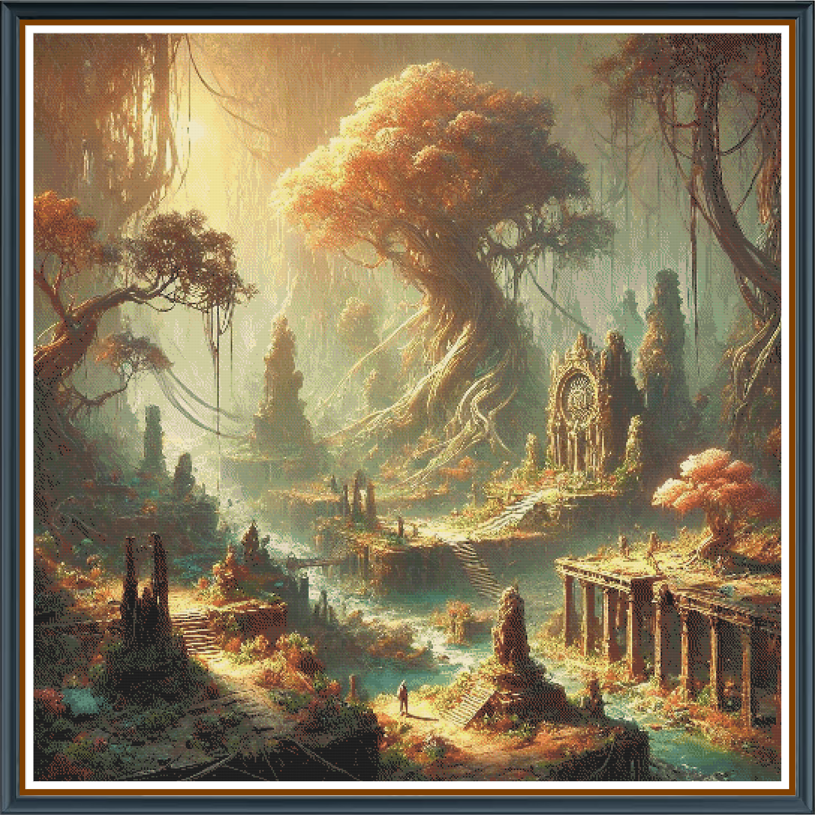 Mystical Ruins digital cross stitch pattern. Uncover ancient mysteries with "Mystical Ruins," a digital cross-stitch pattern featuring vine-clad ruins bathed in golden light. Ideal for DIY art projects, historical decor, and creative storytelling.