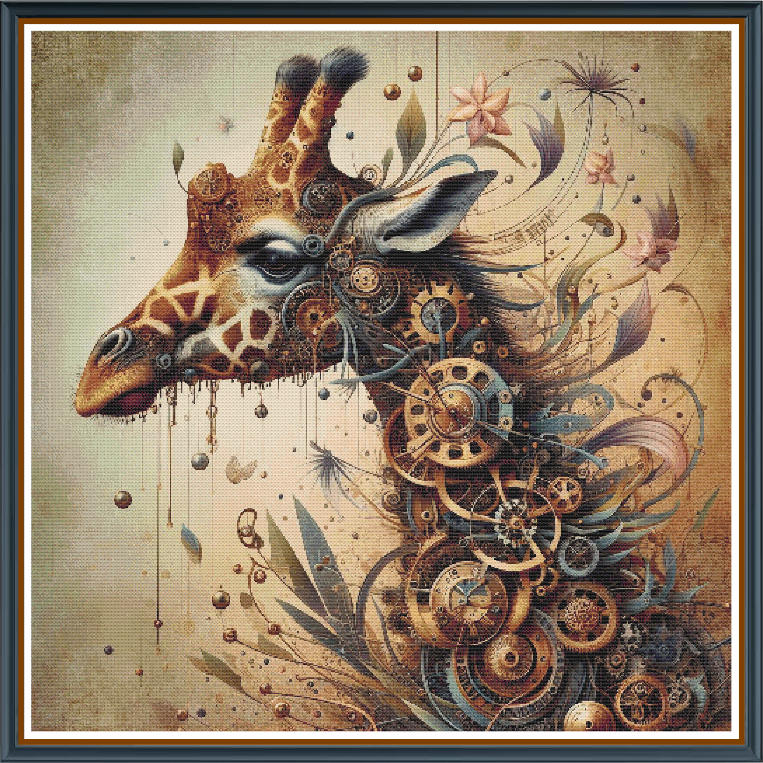 Mystical Giraffe digital cross stitch pattern. Embrace the charm of the wild with "Mystical Giraffe," a whimsical digital cross-stitch pattern. Its mysterious design and intricate details are ideal for DIY craft projects, unique home decor, and art lovers seeking standout animal art.