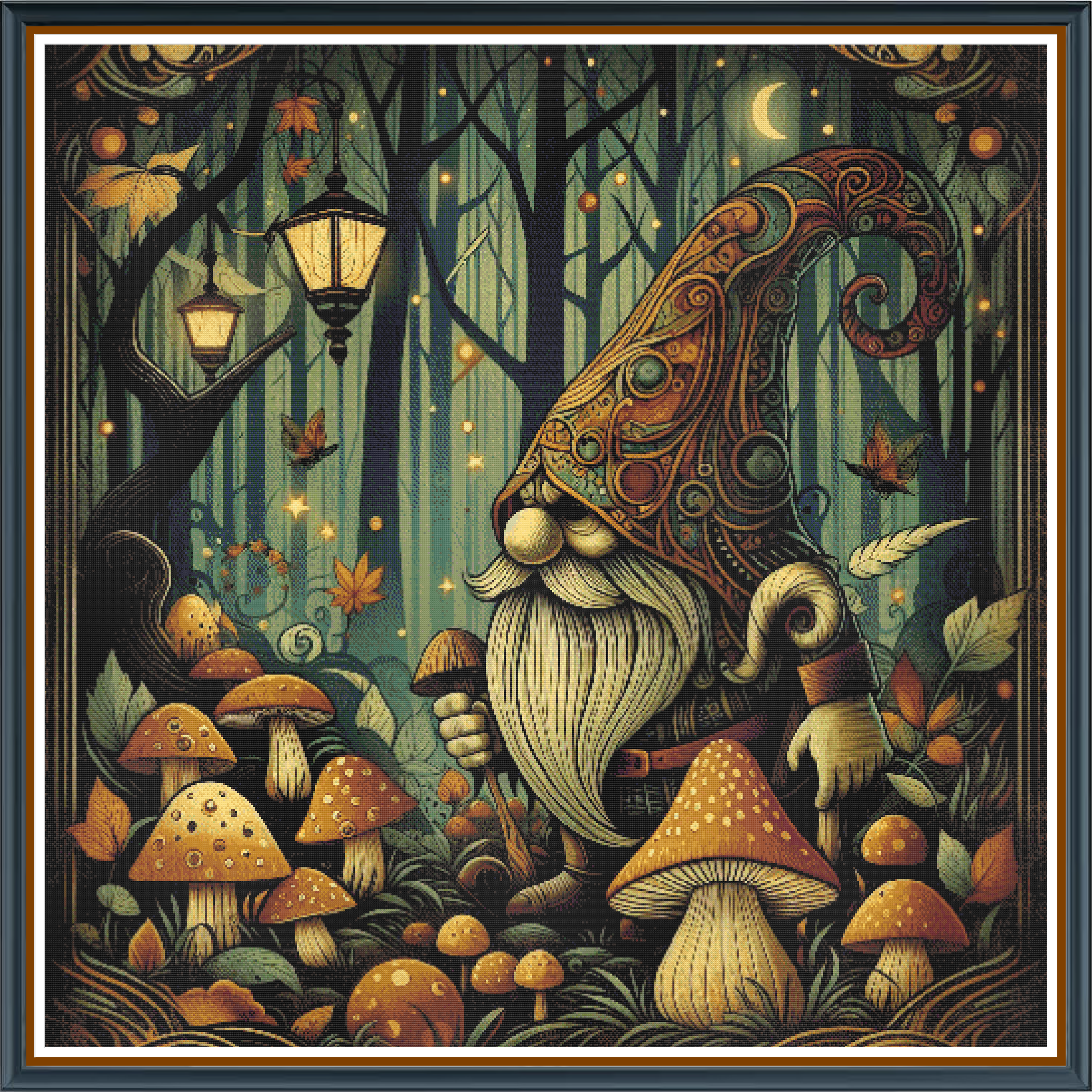 The Mushroom Gnome digital cross stitch pattern. A whimsical gnome with an oversized hat and flowing beard, set amid a mystical woodland with vibrant orange hues, clusters of mushrooms, and a glowing lantern illuminating the night.
