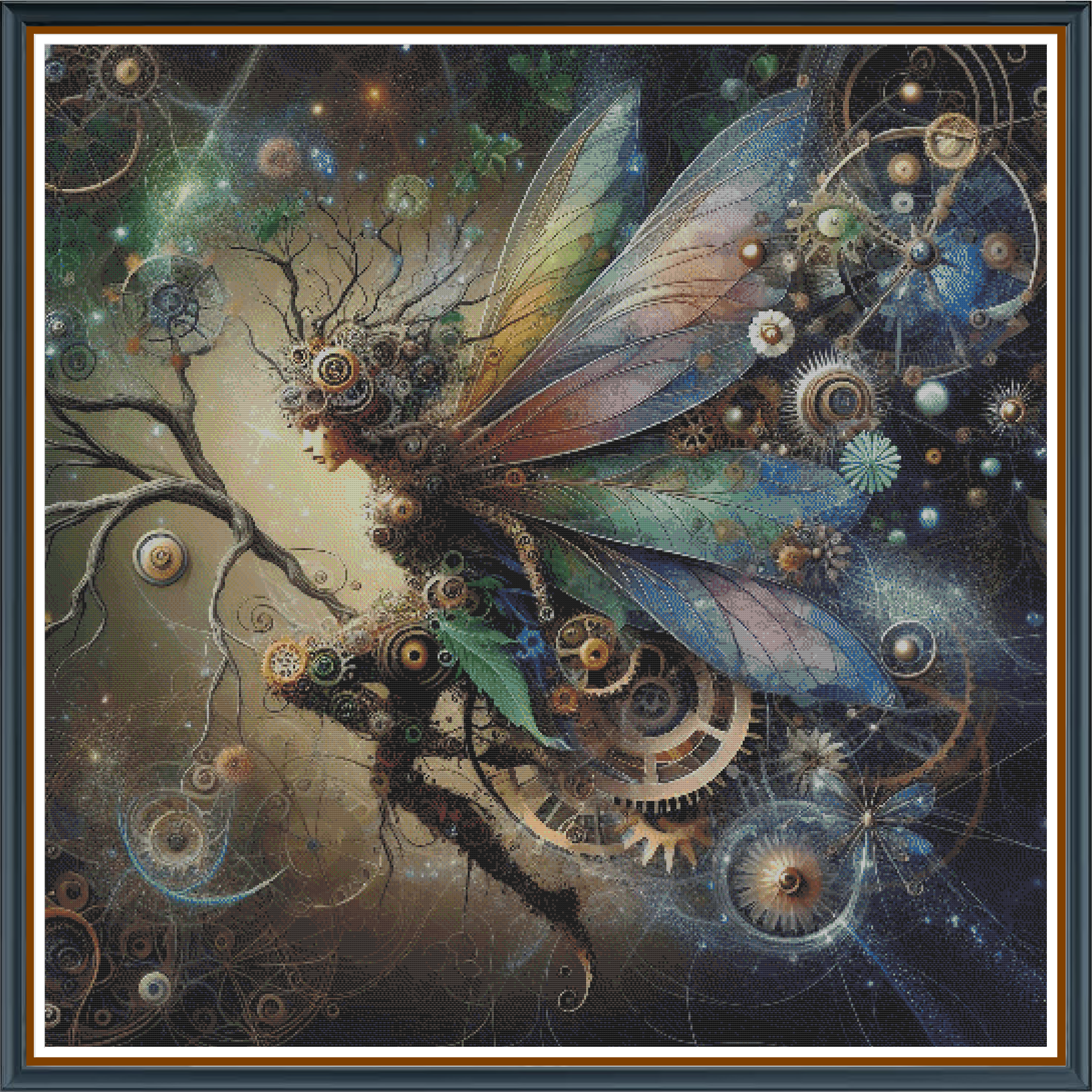The Dark Fairy digital cross stitch pattern. A captivating, edgy pixie exuding a dangerous allure, rendered in enchanting colors blended with subtle mechanical gear motifs for a modern twist.