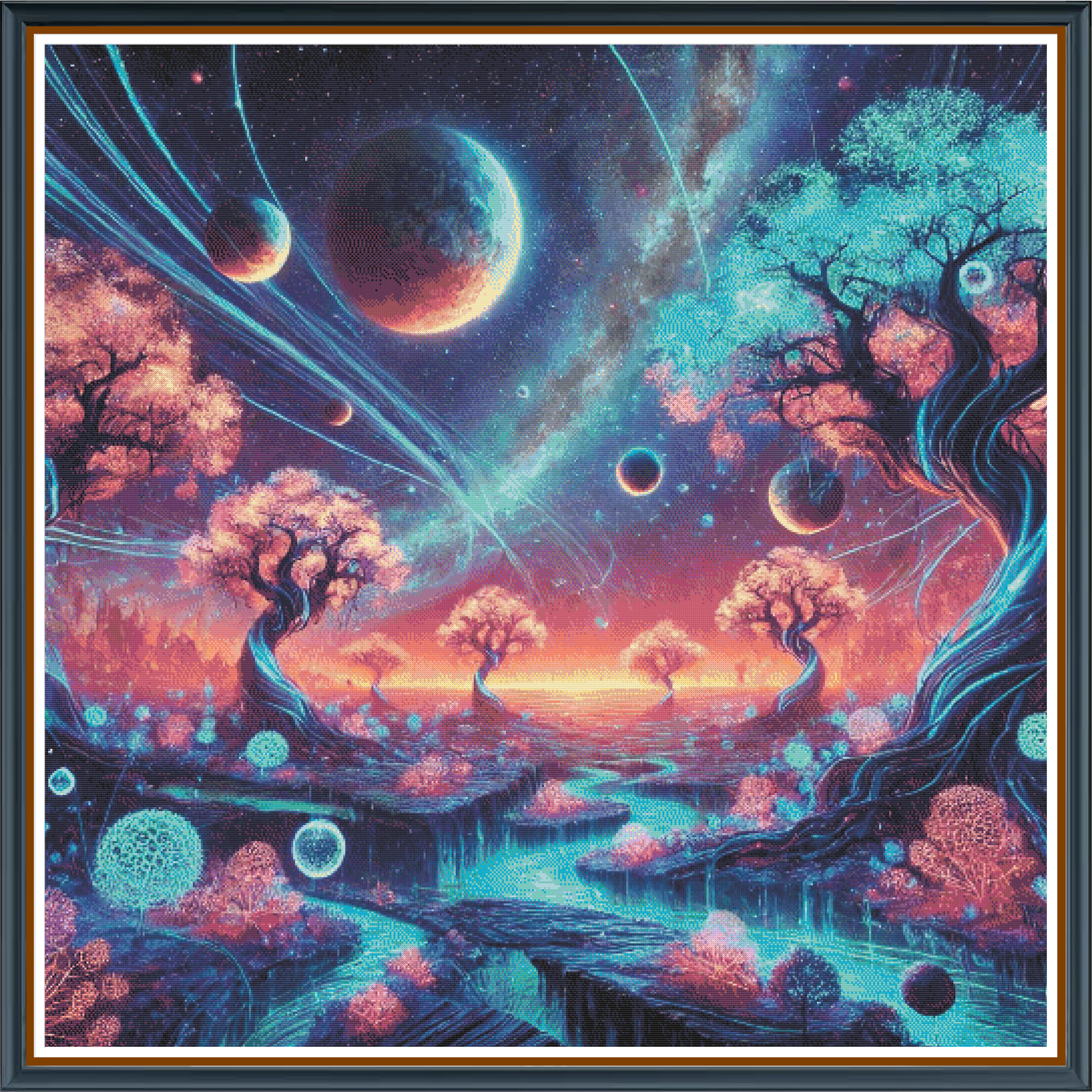 Space World digital cross stitch pattern. A mesmerizing depiction of a distant planet’s surface, with surreal hues of blue and pink forming an otherworldly landscape that invites exploration.
