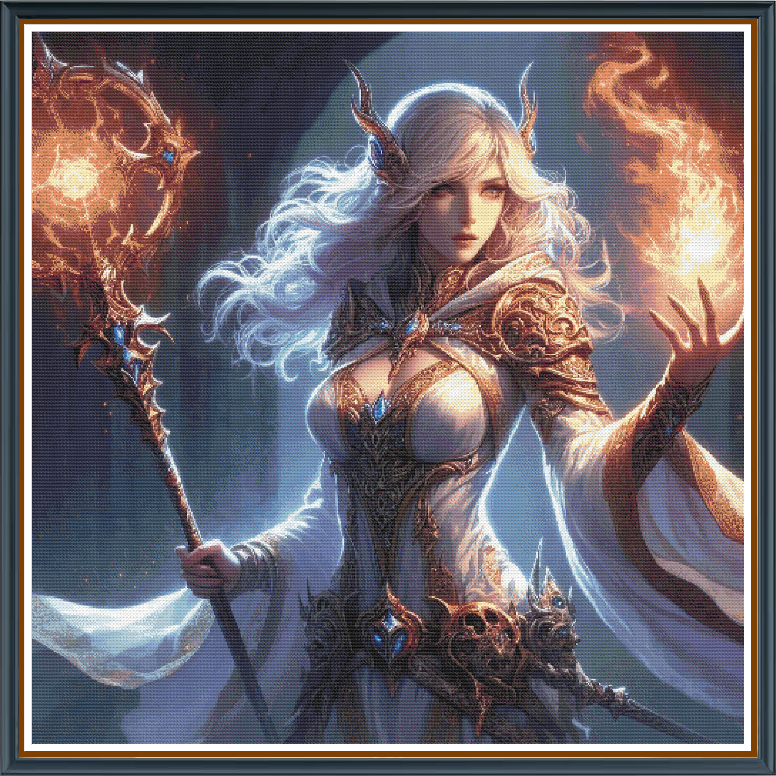 Sorceress Tarja digital cross stitch pattern. A powerful sorceress wielding a flame in one hand and an ember staff in the other—her mystical beauty rivaled only by her formidable power.