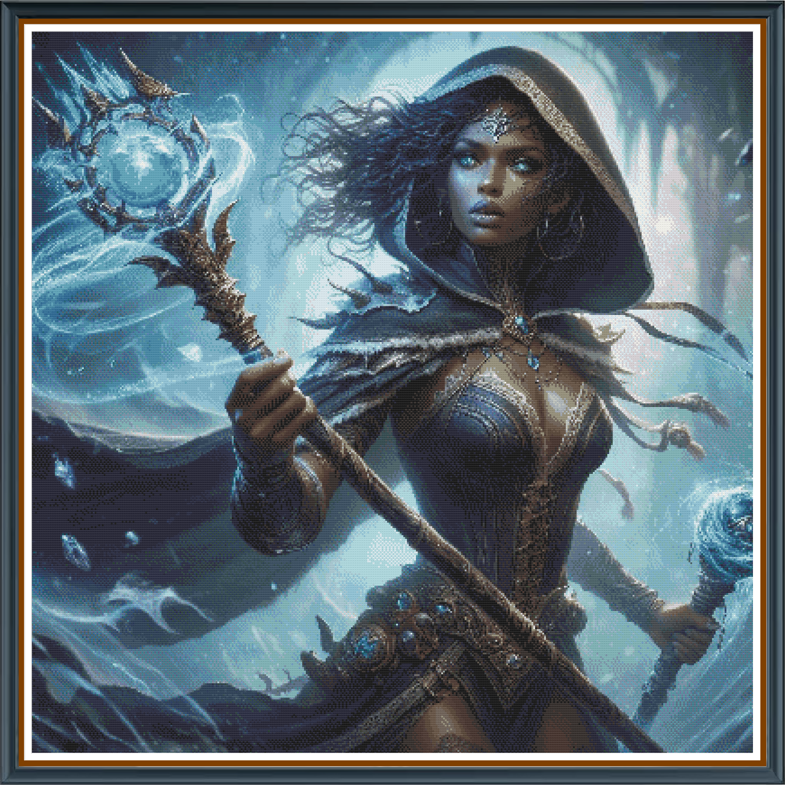 Queen Of Ice digital cross stitch pattern. A striking ice mage exuding a frosty aura with crisp, cool design elements that perfectly capture winter’s magic.