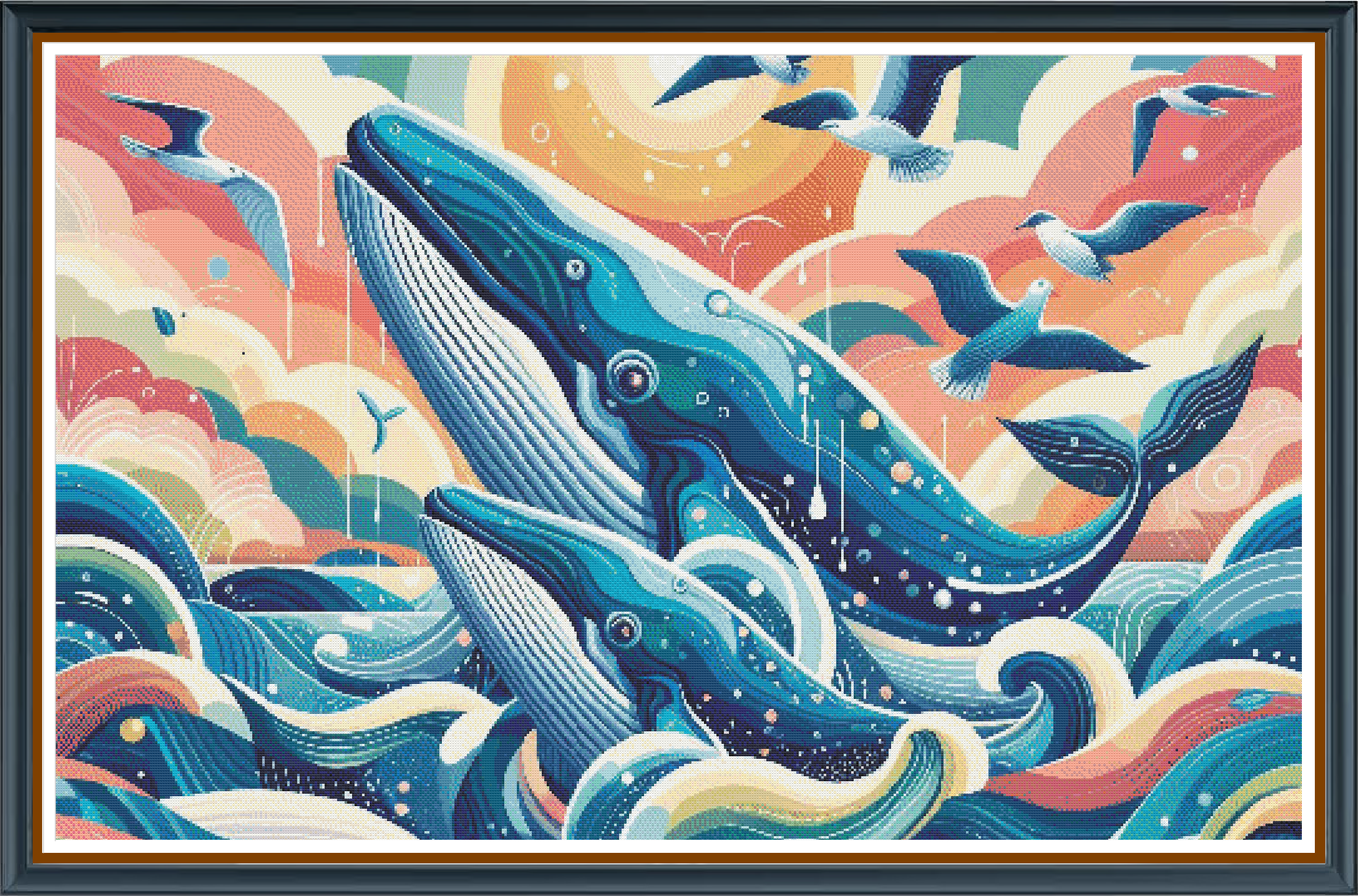 Flying Whales digital cross stitch pattern. A breathtaking design featuring a majestic mother whale and her calf leaping gracefully from the water, rendered in vibrant, dynamic colors.