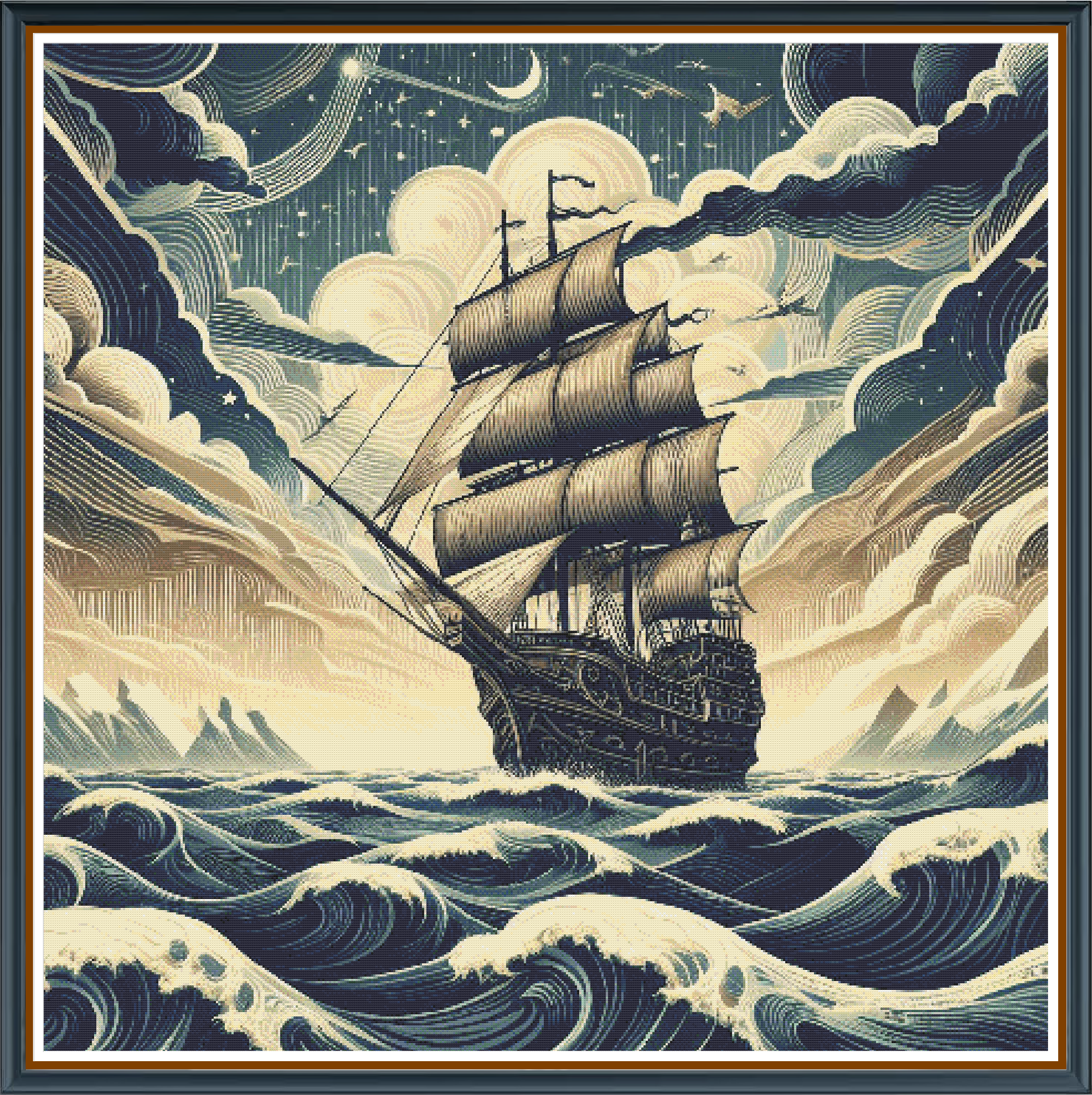 Dreamy Sail digital cross stitch pattern. A serene cross-stitch capturing a graceful sailboat drifting along a dreamy seascape, with soft hues and gentle ripples evoking a sense of calm and wonder.