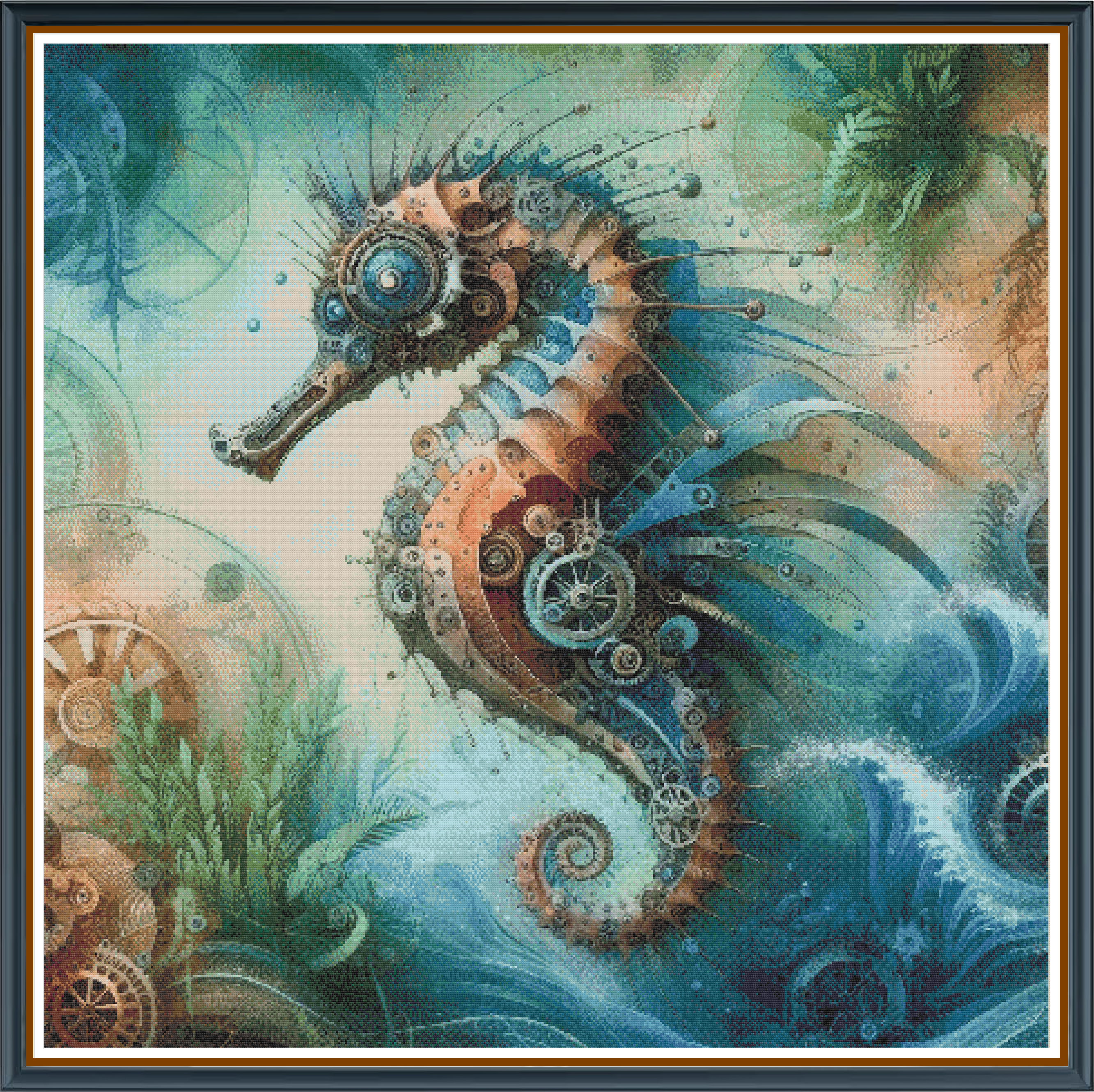 Stanley Seahorse digital cross stitch pattern. An intricate depiction of a seahorse with detailed features, capturing the elegance and mystery of the deep sea in vivid, lively colors.