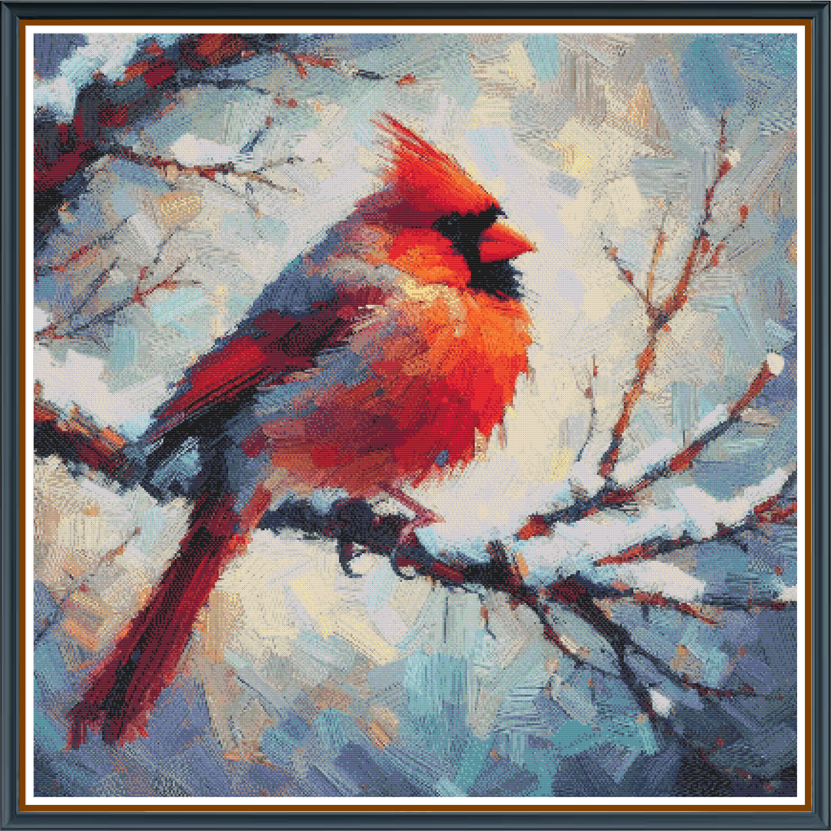 Winter's Perch digital cross stitch pattern. A captivating depiction of a winter scene with a regal bird perched amid frosty branches, evoking the crisp beauty of a snowy landscape.
