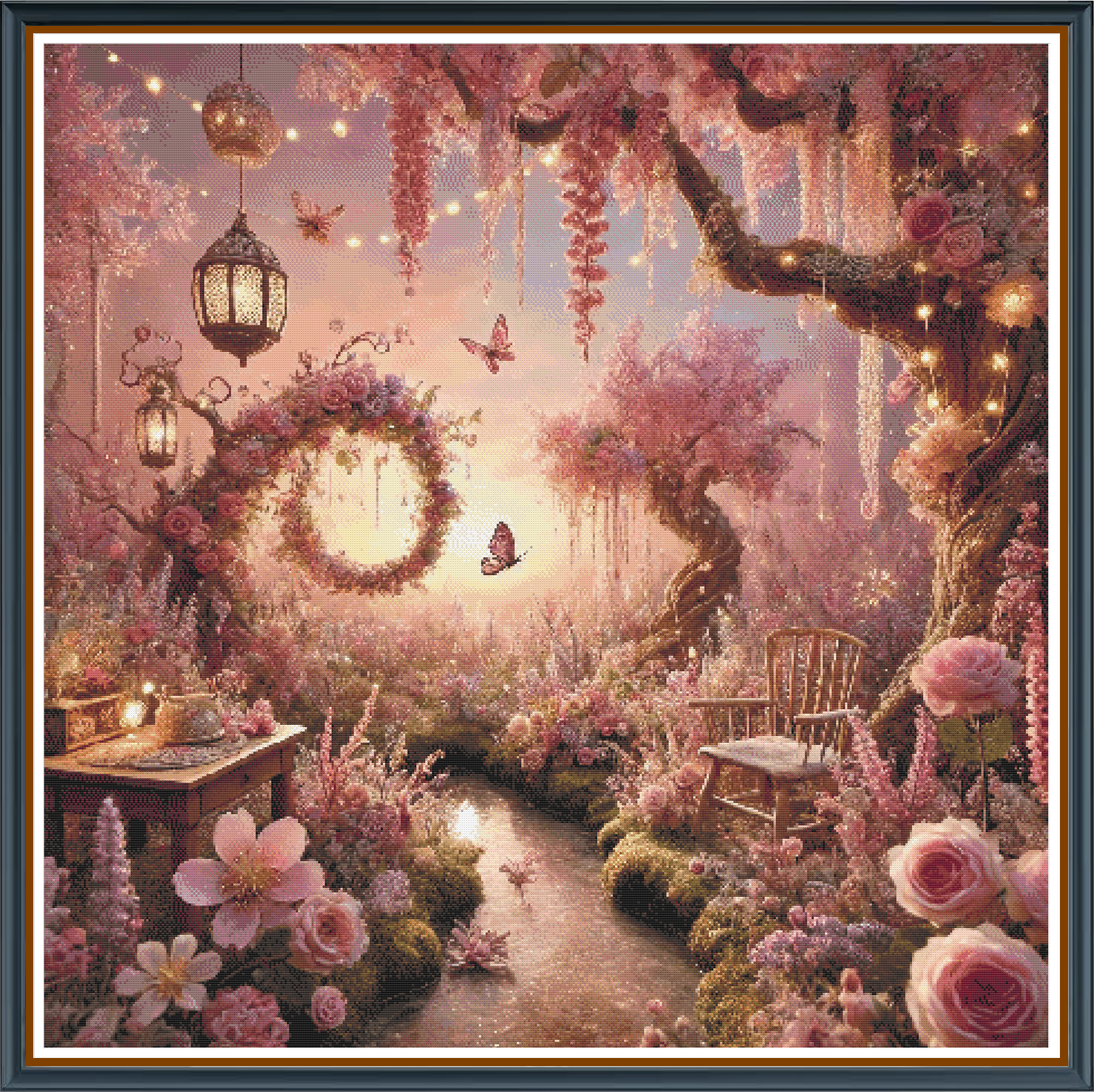 Pink Escape digital cross stitch pattern. Escape into a fantasy realm with "Pink Escape," a digital cross-stitch pattern featuring lush, pink-hued trees. Perfect for DIY craft enthusiasts, home decor projects, and whimsical art lovers seeking a touch of elegance.