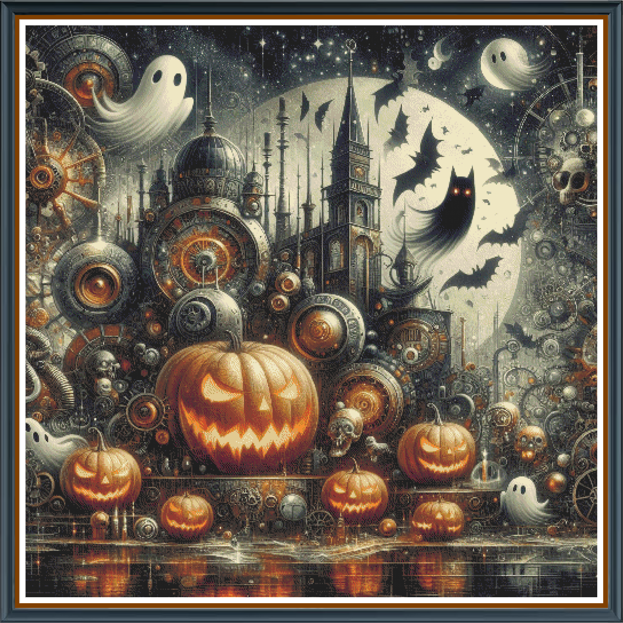 Steampunk Halloween digital cross stitch pattern. Celebrate the season with "Steampunk Halloween," a digital cross-stitch pattern merging vintage mechanics with eerie, spooky allure. Ideal for DIY Halloween decor, industrial art, and unique festive crafts.