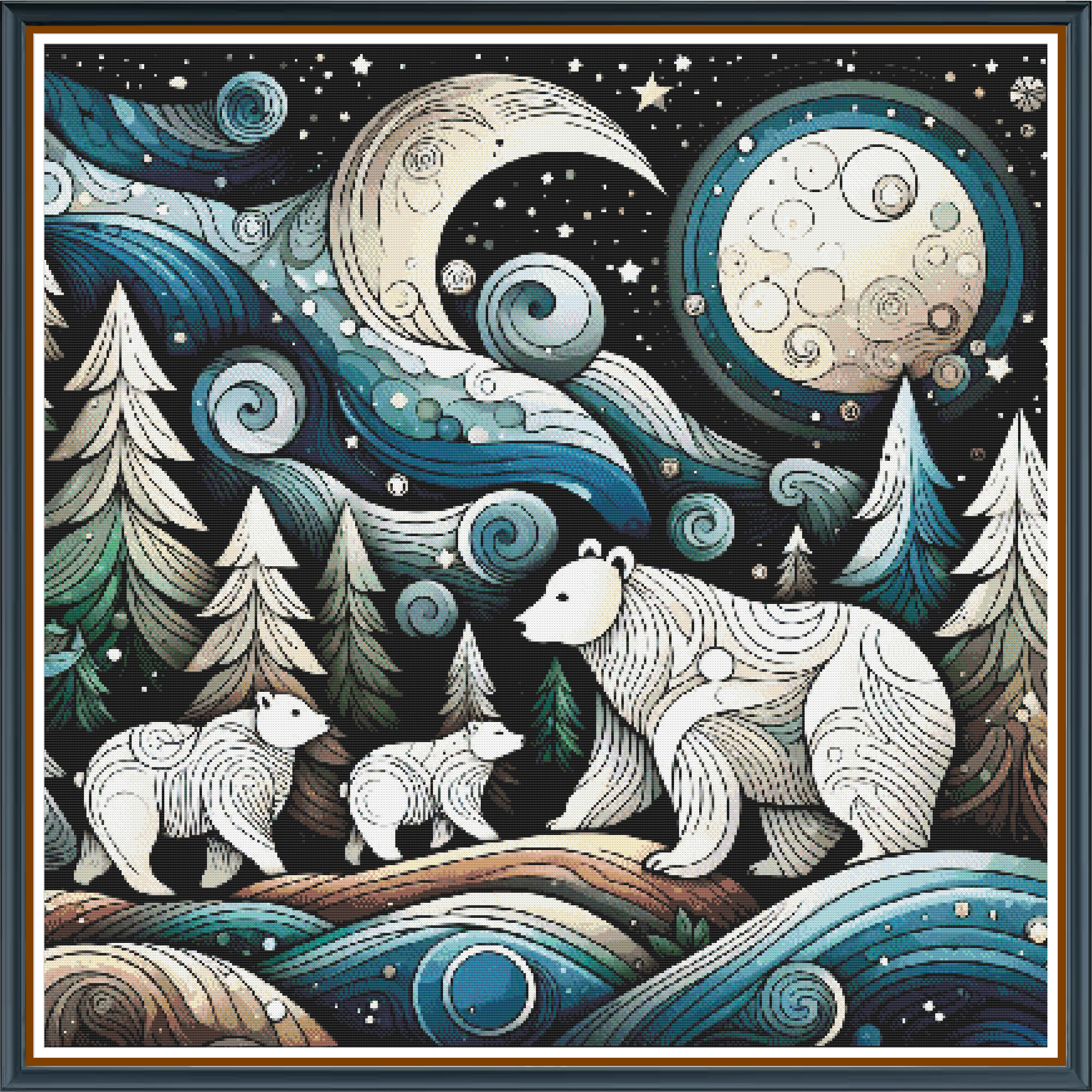 Polar Night digital cross stitch pattern. Experience arctic wonder with "Polar Night," a digital cross-stitch pattern featuring a majestic polar bear family under a starlit sky. Perfect for DIY winter crafts, nature-inspired decor, and artistic home projects.