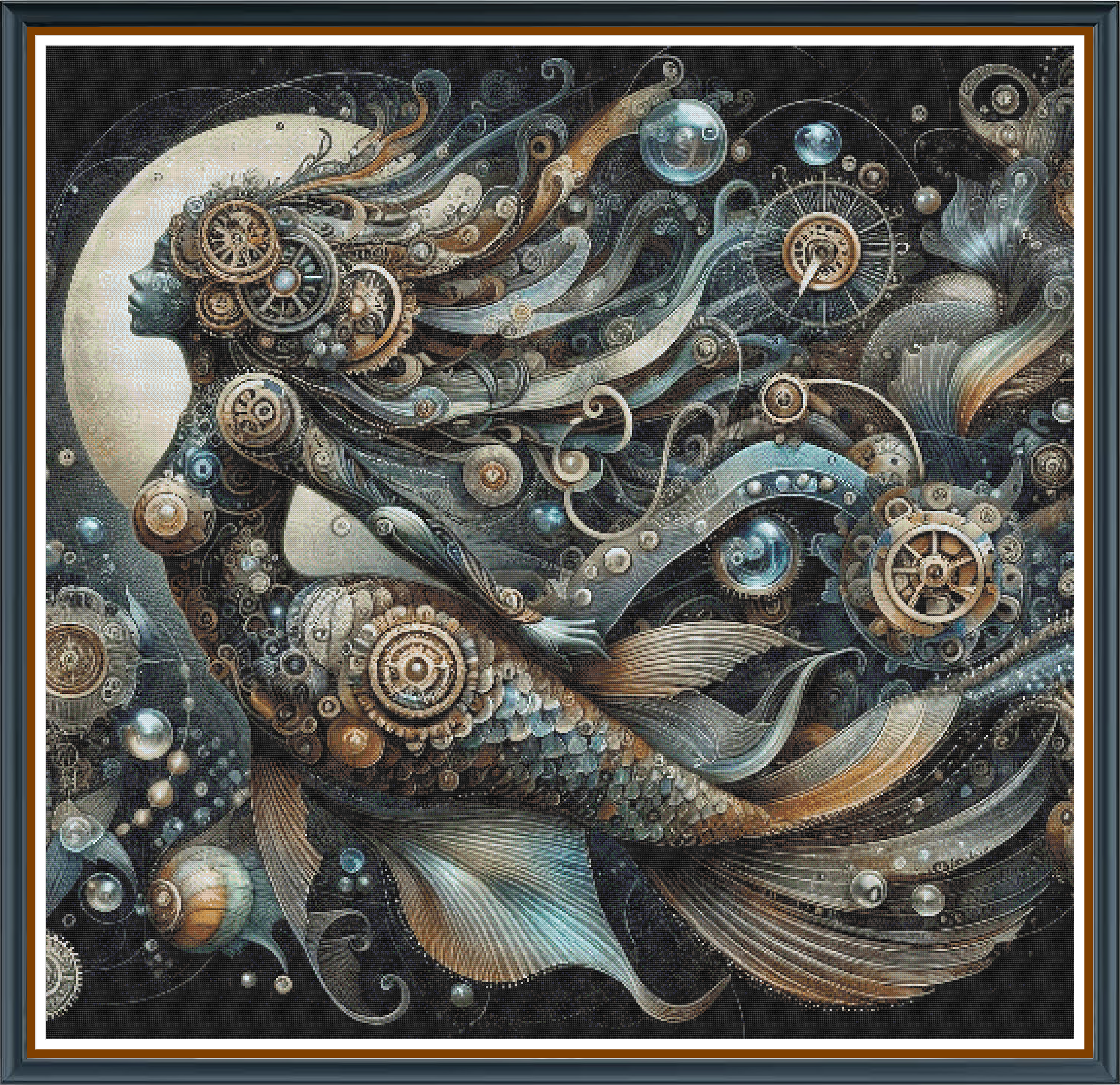 Moon Mermaid digital cross stitch pattern. Discover enchanting artistry with "Moon Mermaid," a digital cross-stitch pattern showcasing a graceful mermaid against a luminous moonlit backdrop. Ideal for DIY projects, oceanic decor, and magical craft enthusiasts.