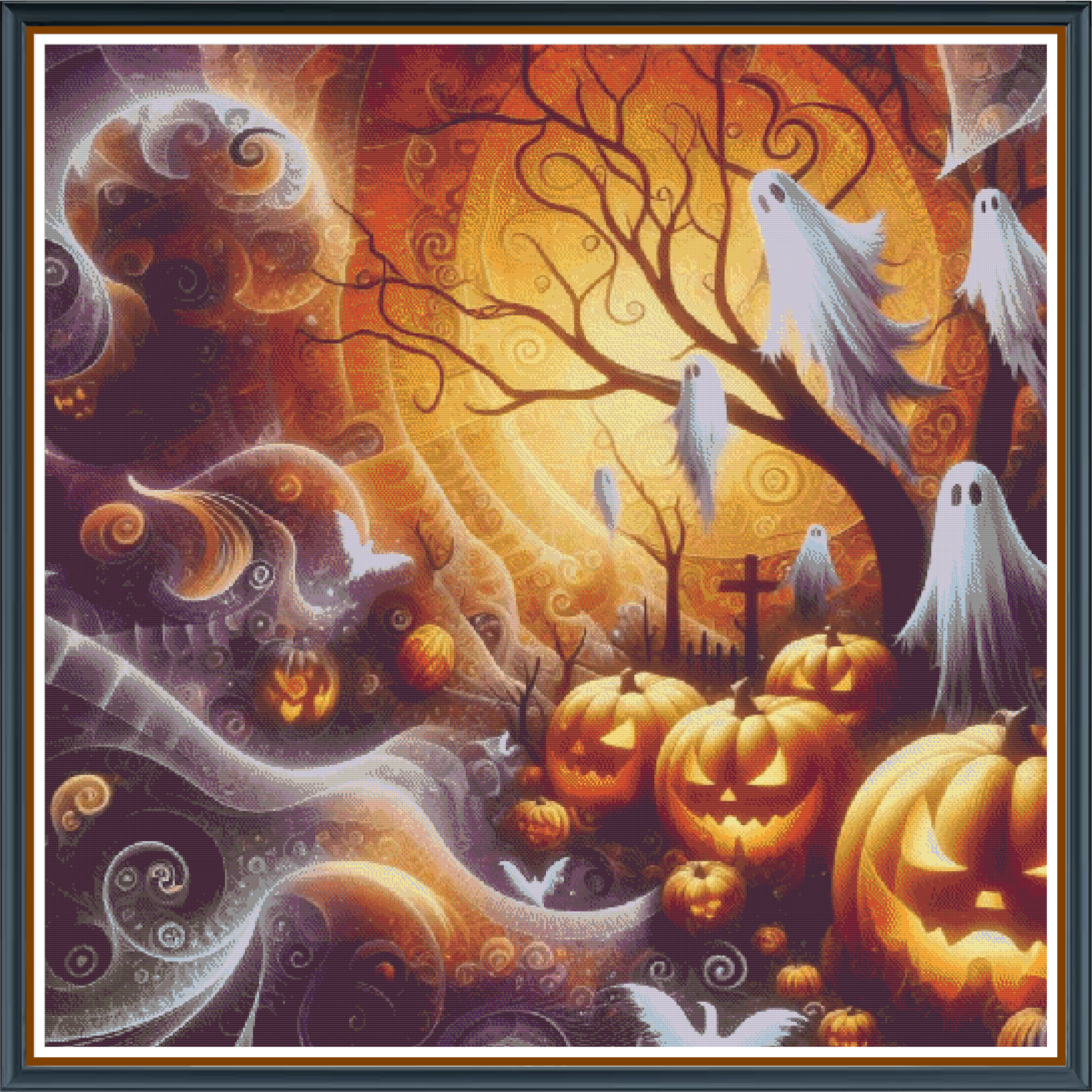 Halloween Hallow digital cross stitch pattern. Get into the spooky spirit with "Halloween Hallow," a digital cross-stitch pattern featuring ghostly scenes, eerie jack‑o‑lanterns, and vibrant orange accents. Perfect for DIY Halloween decor and festive art projects.