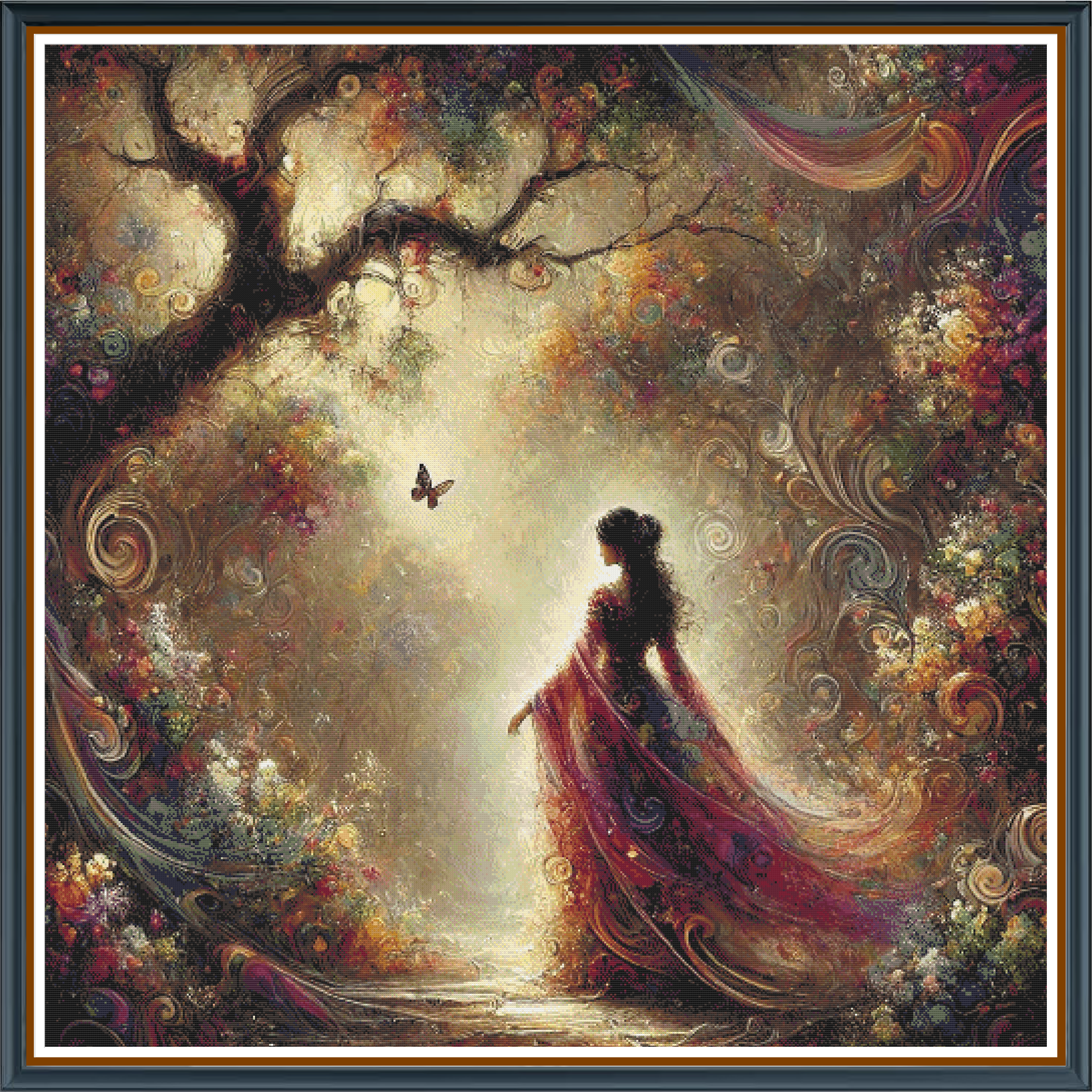 Forest Maiden digital cross stitch pattern. Experience timeless elegance with "Forest Maiden," a digital cross-stitch pattern featuring a captivating woman in a vibrant red dress amid a lush forest. Perfect for DIY home decor, art projects, and enchanting creative expressions.